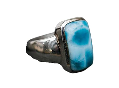 **925 Sterling Silver Men's Ring with Rectangular Larimar Cabochon - Dominican Pectolite Healing Jewelry, Metaphysical Gift for Brother, Anniversary, All Sizes - Perfect for Spiritual Healing & Stylish Everyday Wear**