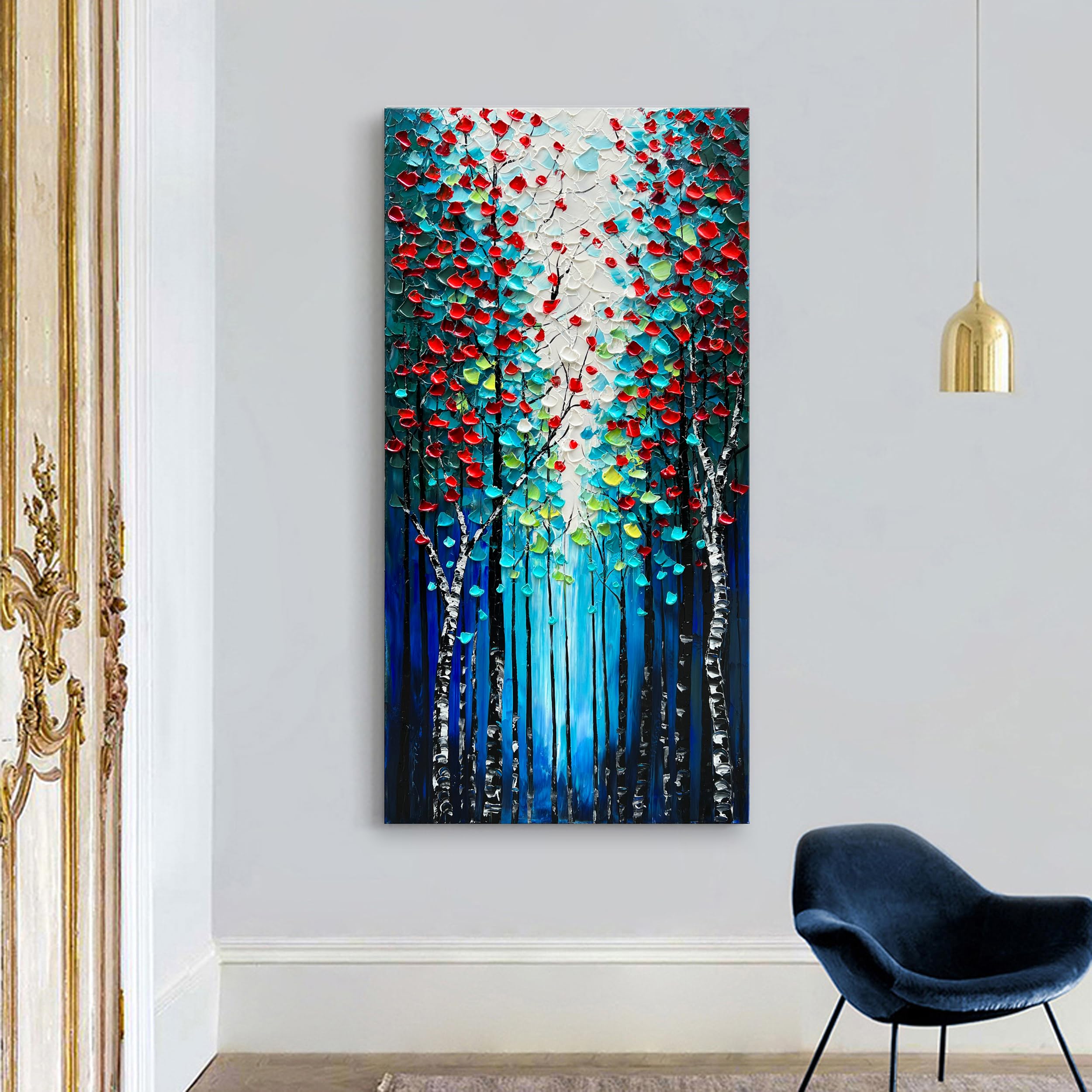Hand Painted Forest Landscape Oil Painting - Dark Blue Vertical Canvas Wall Art 46x23 Inch - Home Decor for Living Room, Bedroom & Office