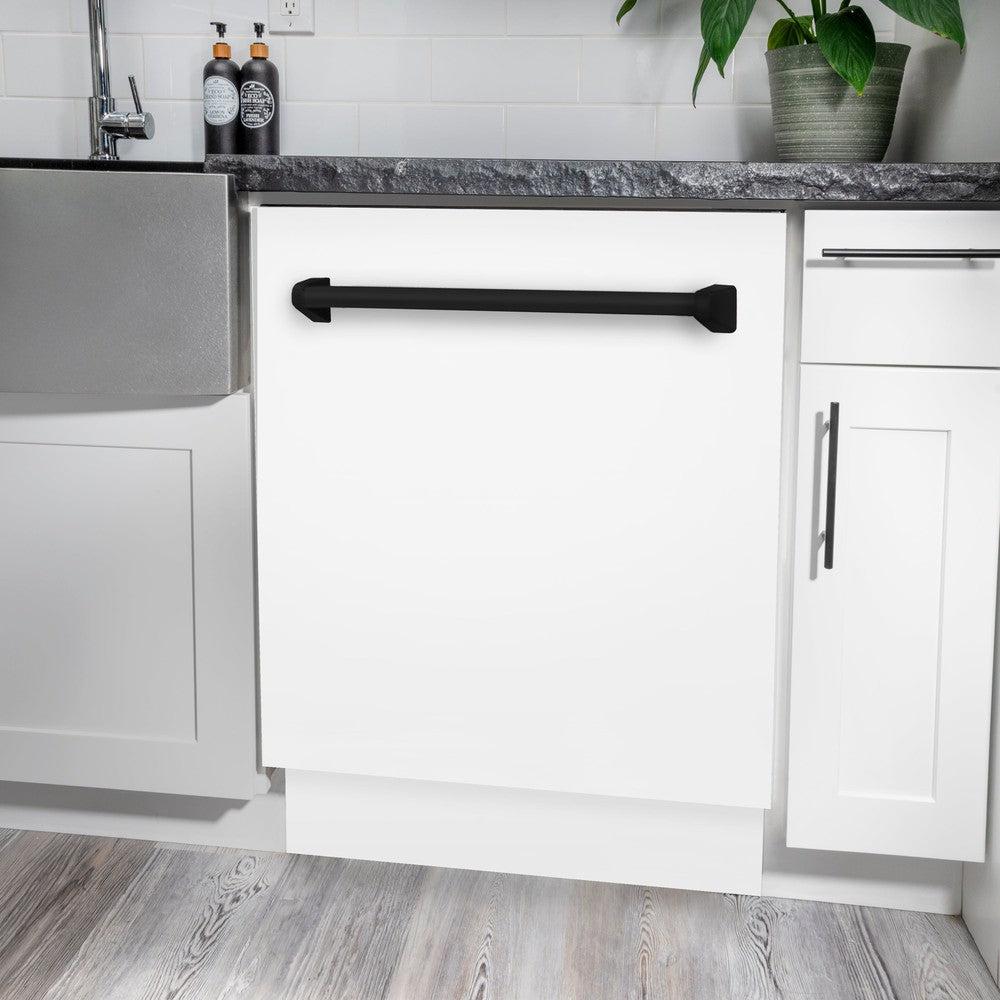 ZLINE Autograph Edition 24 Inch 3rd Rack Top Control Tall Tub Dishwasher - White Matte Finish with Matte Black Handle, Ultra Quiet 51dBa (DWVZ WM 24 MB) - Perfect for Modern Kitchens, Small Spaces, and Open-Concept Homes