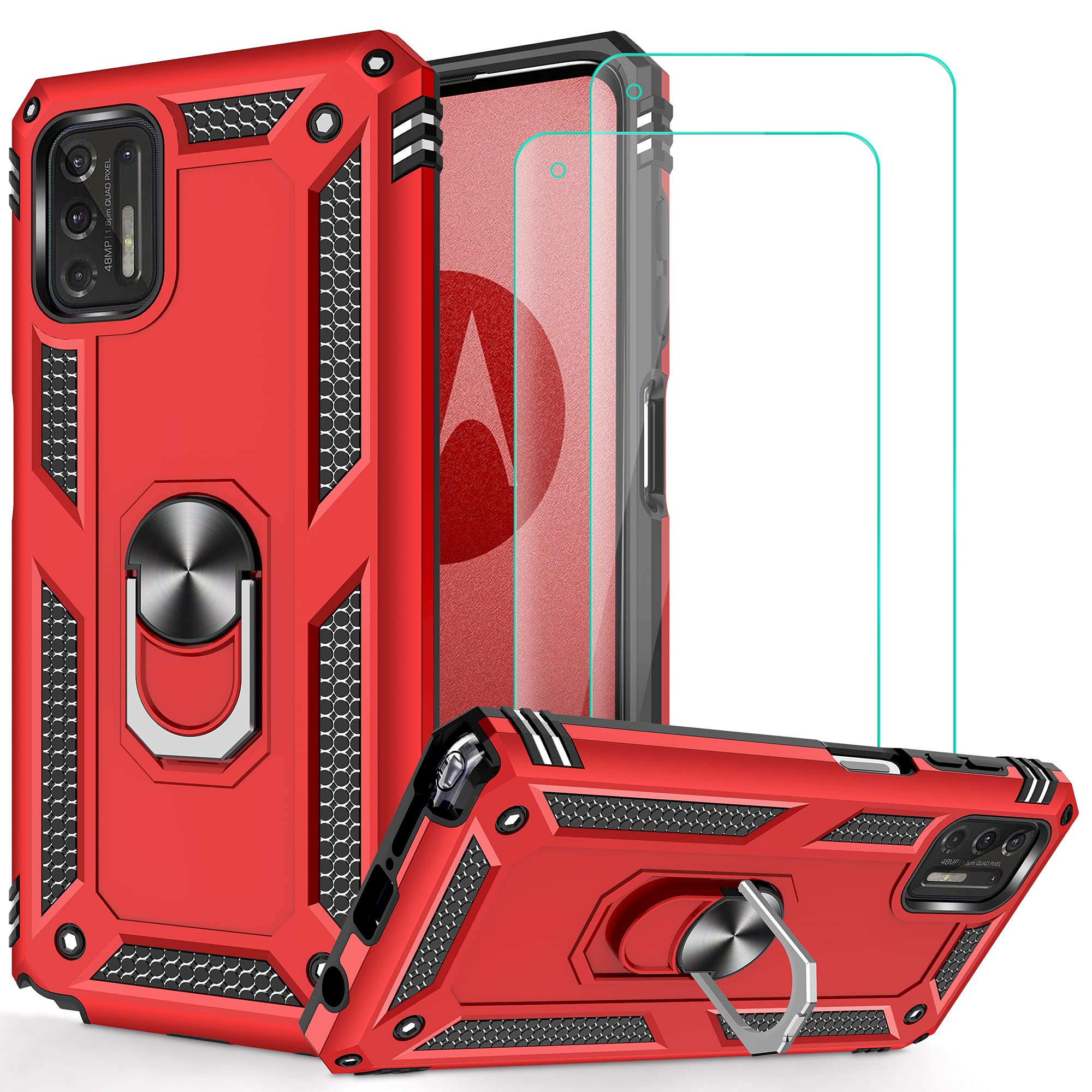 Military-Grade Shockproof Kickstand Case for Motorola Moto G Stylus 2021 (Not Compatible with 2020 Model) with 2 Pack Tempered Glass Screen Protectors - Red | Perfect for Outdoor Activities, Travel & Daily Protection