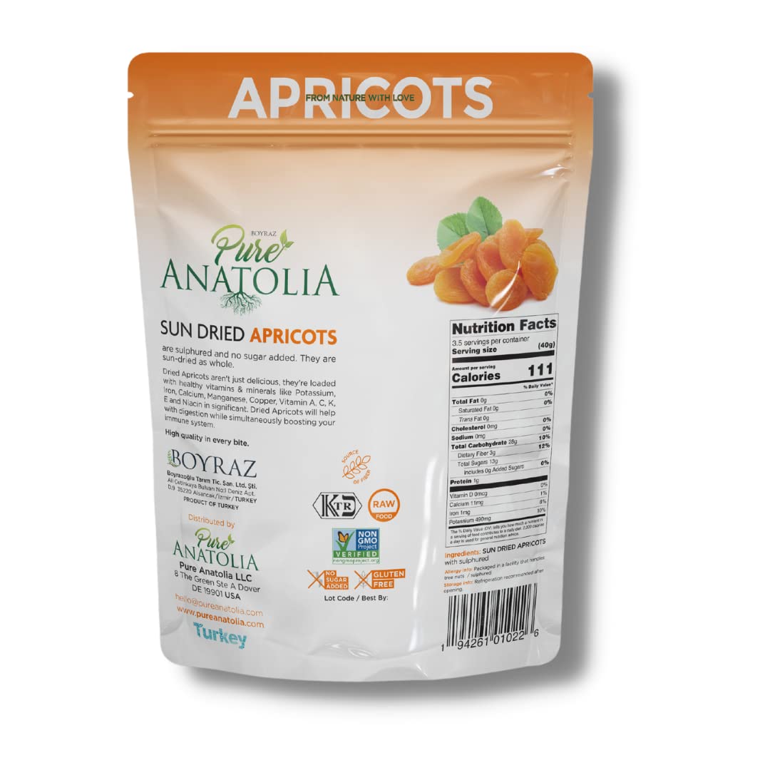 Pure Anatolia 100% Natural Turkish Sun Dried Apricots - No Sugar Added, Non-GMO, Vegan, Halal, Kosher, Healthy Fiber Snack - 5oz Resealable Bag - Perfect for Hiking, School Lunches & Healthy On-the-Go Snacking