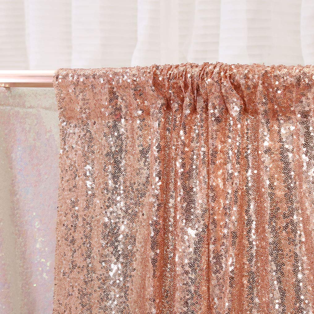 Juya Delight Rose Pink Sequin Photo Backdrop - 2ft x 8ft Glitter Curtain for Wedding, Birthday Party, Baby Shower Decorations - 2 Pack Sparkling Rose Gold Background for Photography & Event Decor