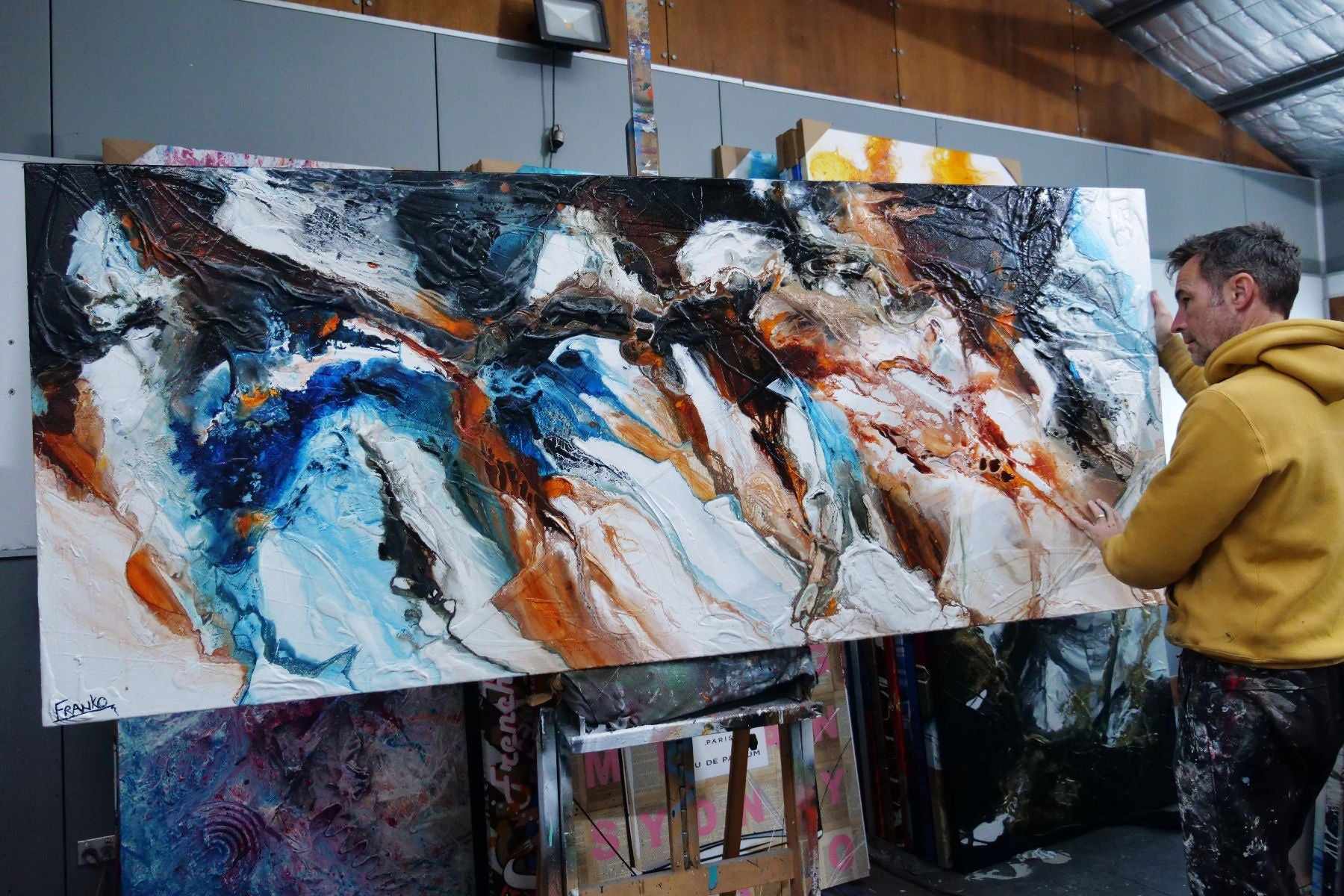 Obsidian Oxide 240cm x 100cm Blue Black Textured Abstract Wall Art Painting - Modern Home Decor for Living Room, Bedroom & Office