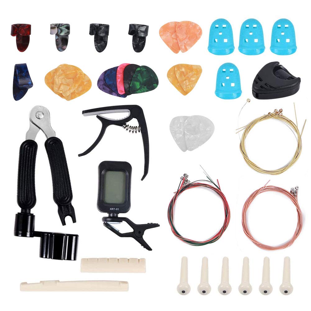 Premium Guitar Accessories Kit - String Winder, Capo, Pins, Picks, Pick Holder, Strings & Tuner for Acoustic & Folk Guitars - Perfect for Beginners, Practice & Live Performances