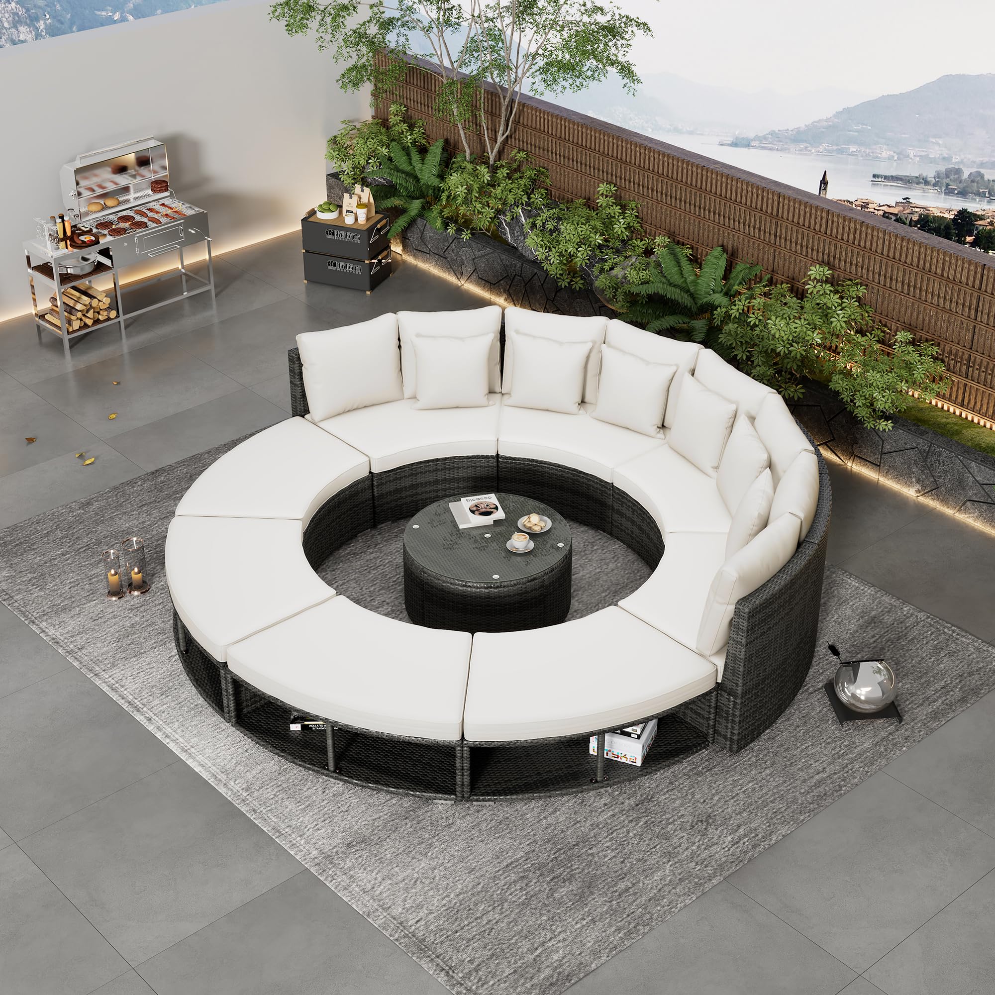 Luxury 9-Piece Outdoor Patio Furniture Set - Rattan Wicker Sectional Sofa with Tempered Glass Coffee Table & 6 Pillows, Beige - Perfect for Garden, Backyard, Poolside & Terrace Relaxation