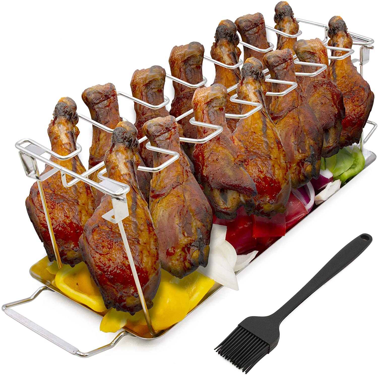 CASEMATIX 14-Slot Stainless Steel Chicken Leg & Wings Grill Rack with Drip Tray & Basting Brush - Non Stick BBQ Accessory for Perfect Grilling, Roasting, and Smoking - Ideal for Backyard BBQs, Camping, and Outdoor Cooking