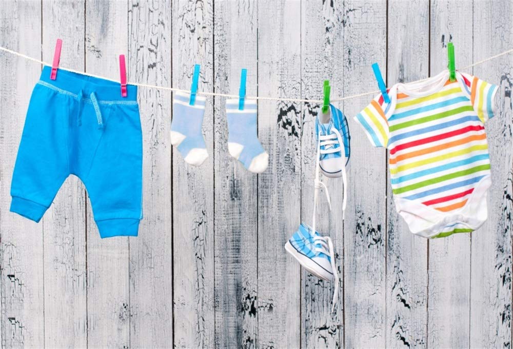 10x7ft Baby Shower Backdrop for Boys - Wooden Plank Photography Background with Kids Clothes, T-Shirt, Pants & Shoes - Perfect for Newborn Birthday Parties, Studio Props & Video Drapes
