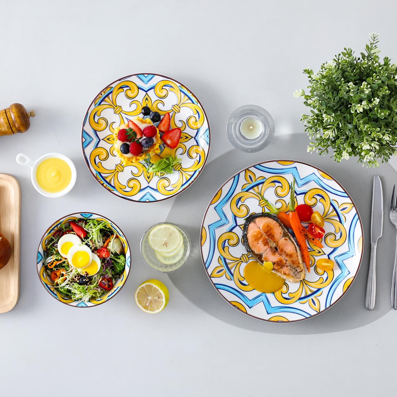 Vancasso 12-Piece Porcelain Dinnerware Set for 4 - Chip Resistant Ceramic Plates & Bowls - Hand-Painted Arabic Style Jasmine Series - Elegant Dining Tableware for Family Meals, Dinner Parties & Restaurant Use