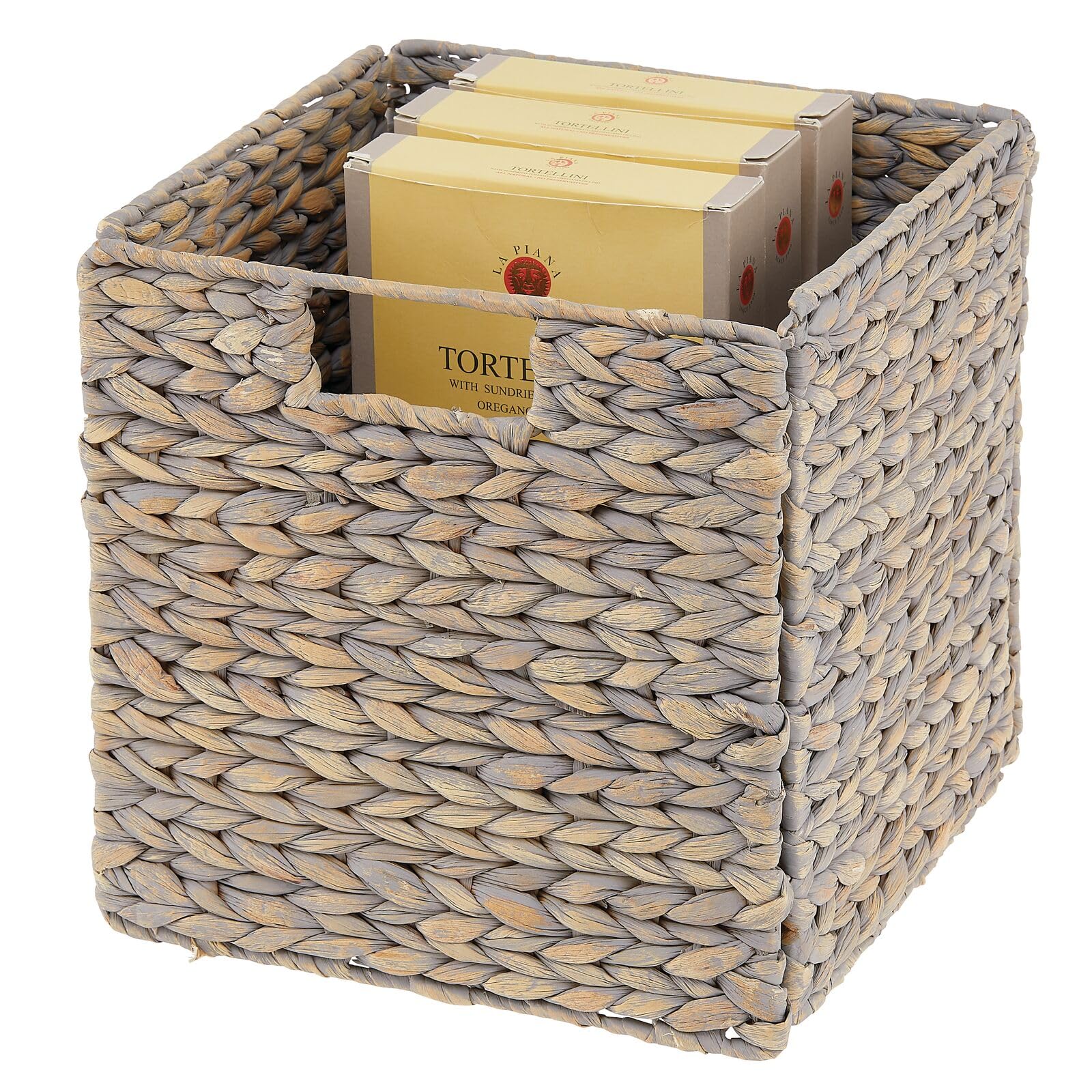 mDesign Natural Woven Hyacinth Storage Basket with Handles - 8 Pack Gray Wash Cube Organizer for Kitchen, Pantry & Cubby Units | Perfect for Snacks, Small Appliances & Home Organization