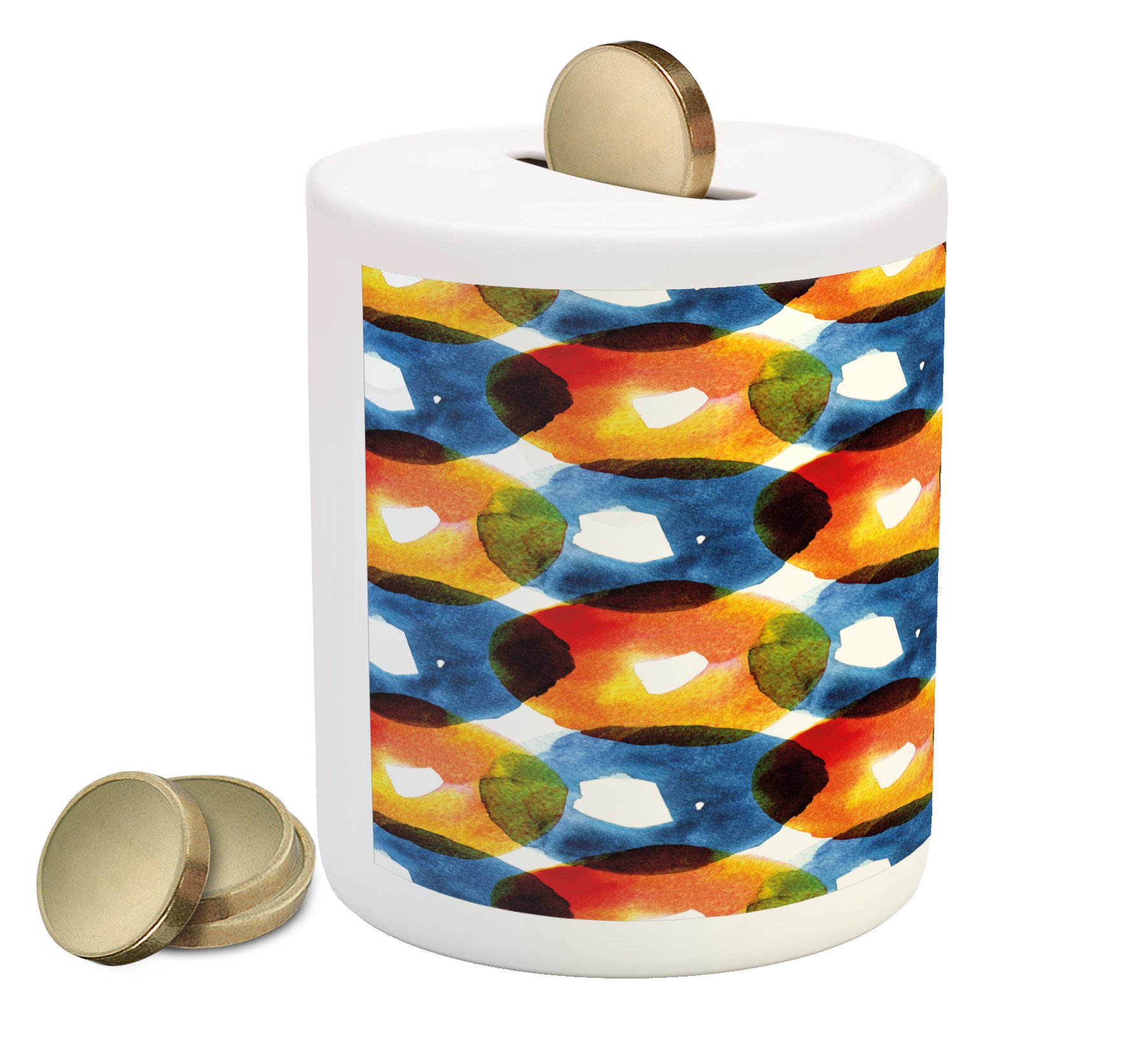 Ambesonne Modern Ceramic Piggy Bank - Vibrant Watercolor Circular Ring Design, Money Saving Coin Bank for Cash & Coins | Perfect Gift for Kids, Teens & Adults - Home, Office & Dorm Decor
