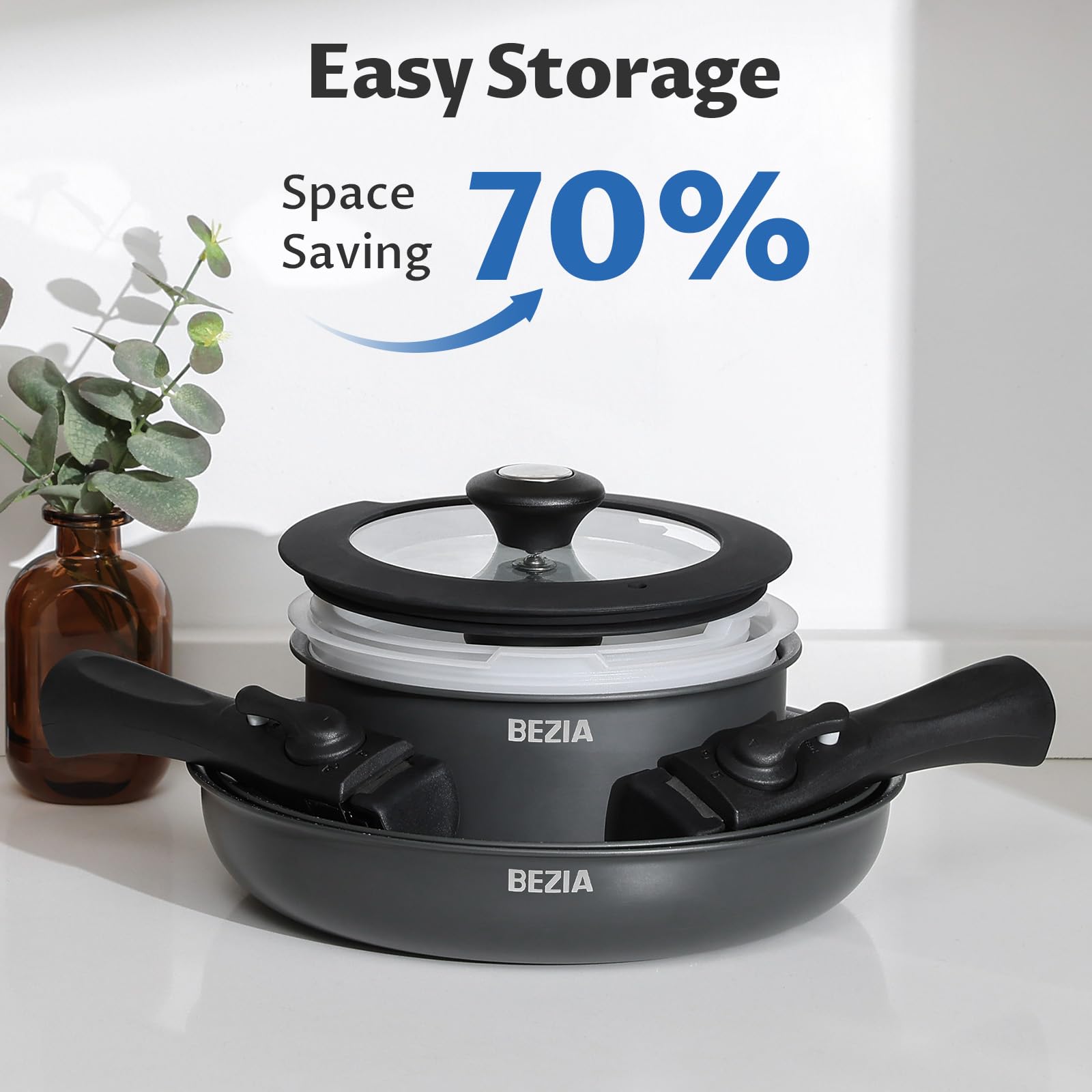 BEZIA 10-Piece Nonstick Induction Cookware Set with Removable Handles - PFAS Free Pots & Pans for Gas, Electric & Induction Hobs - Stackable, Dishwasher & Oven Safe - Perfect for Small Kitchens, RVs & Dorm Cooking
