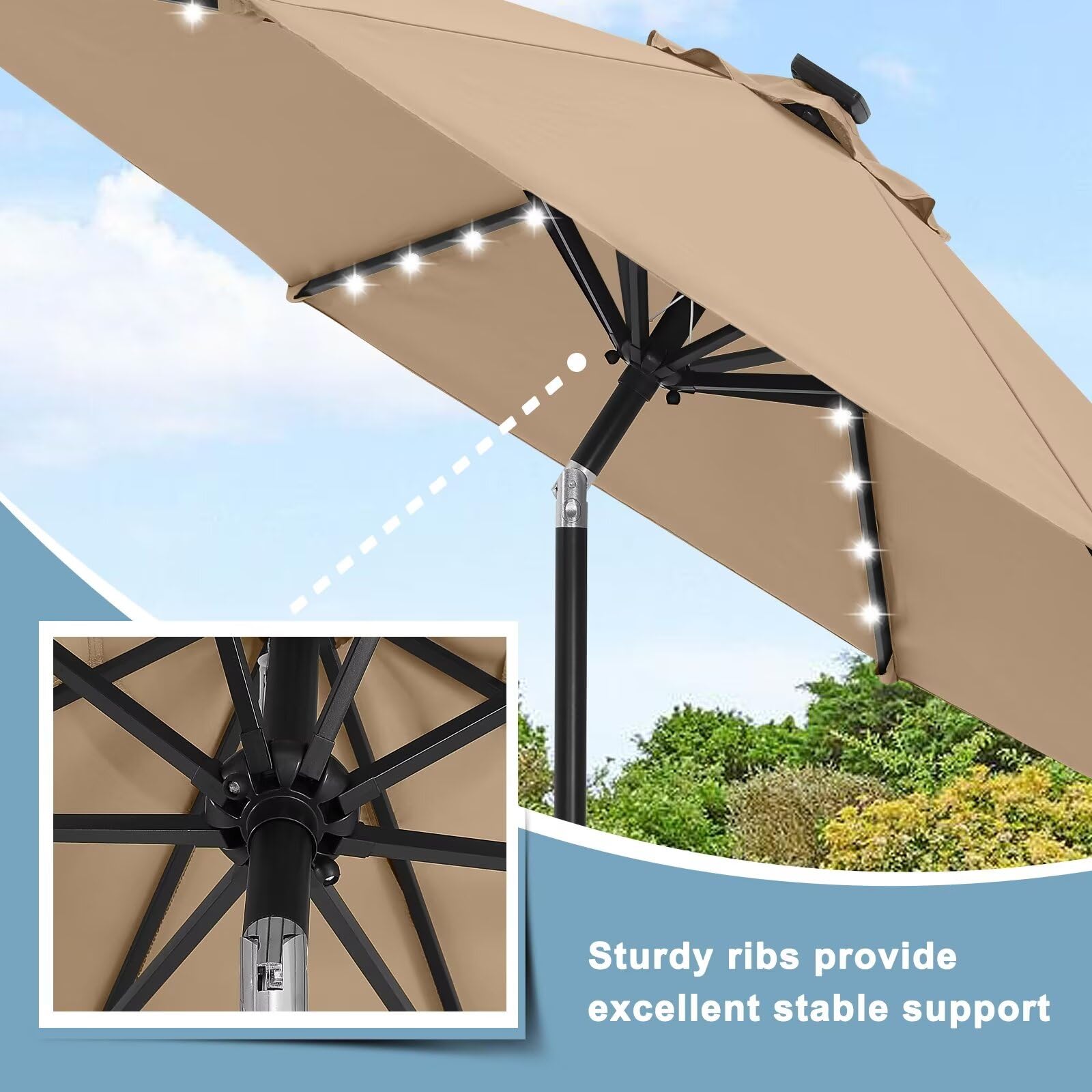 ABCCANOPY 11FT Solar LED Patio Umbrella with 32 Lights - Durable Outdoor Shade Umbrella for Garden, Poolside & Backyard (Khaki) | Weather-Resistant & Auto On/Off for Evening Gatherings