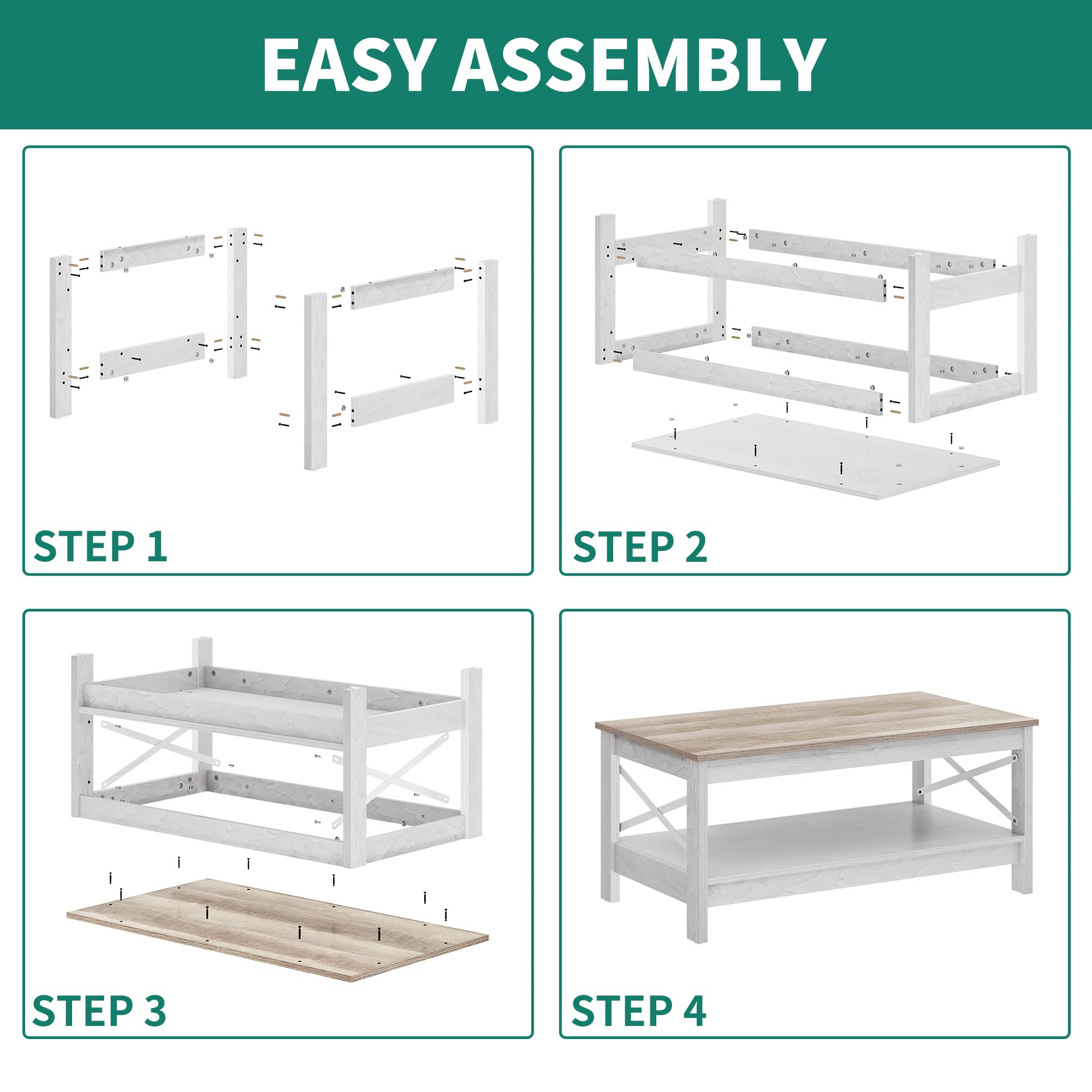 Modern Farmhouse Coffee Table with Storage - 2-Tier Wooden Living Room Center Table, Grey Wash, Sturdy Frame | Accent Cocktail Table for Living Room, Farmhouse Decor, Small Space Furniture