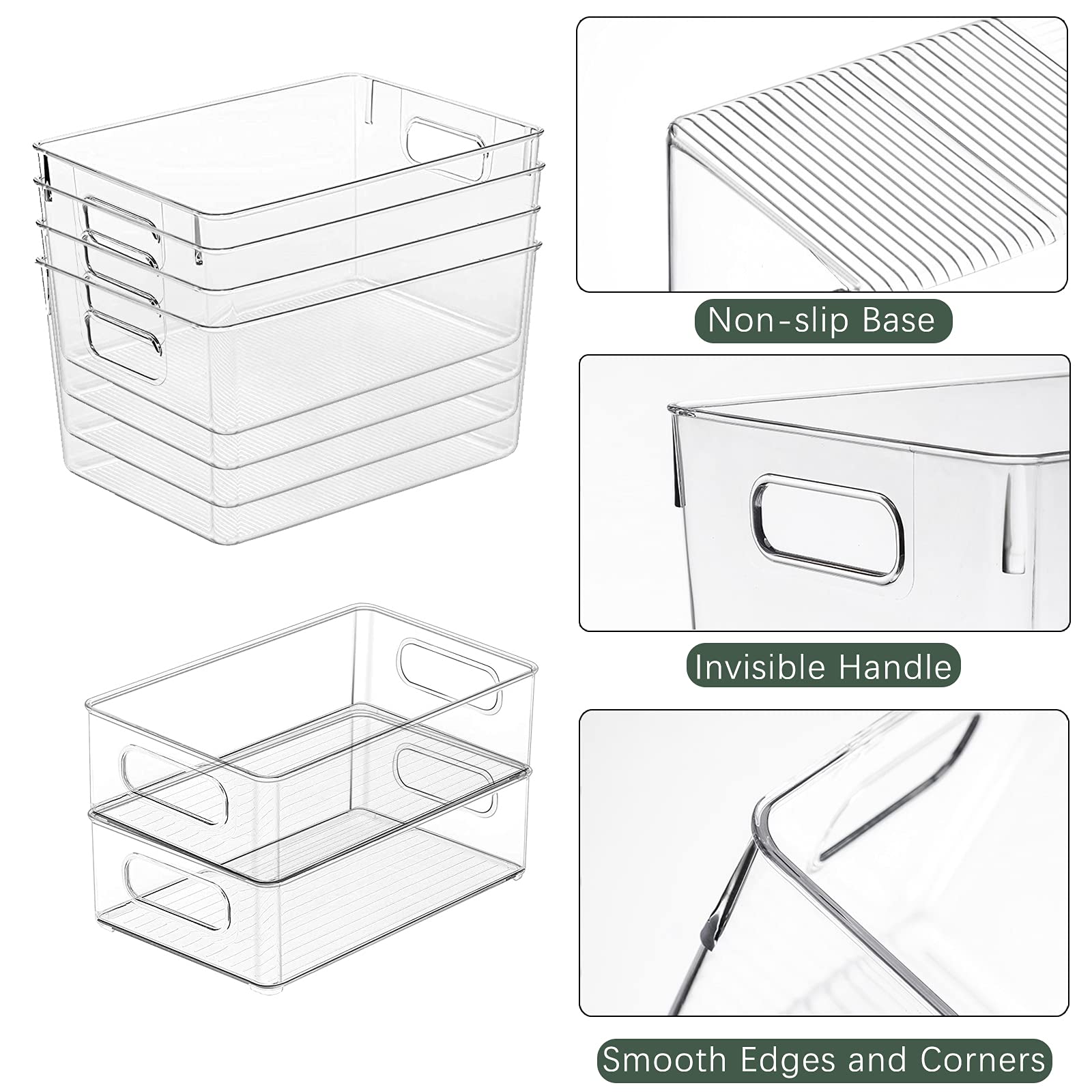 4 Pack Clear Plastic Storage Bins - Kitchen Organizers for Fridge, Pantry & Cabinet | Countertop & Bathroom Organization | Perfect for Food, Spices & Toiletries Storage