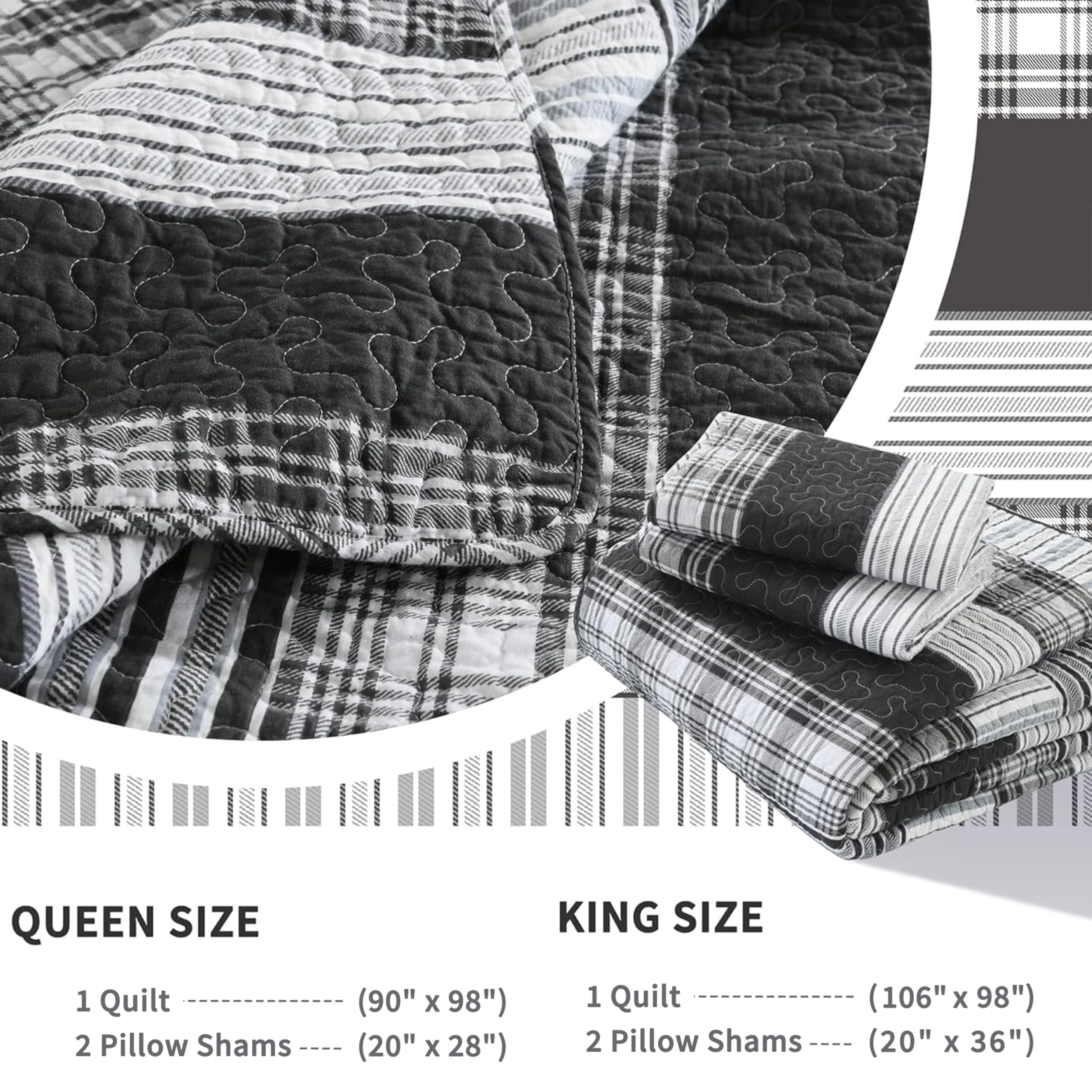 Homzard King Size Quilt - Black & White Striped Cotton Comforter Set | Grey Farmhouse Bedding | Lightweight All-Season Duvet Cover for Master Bedroom, Guest Room & Cozy Home Decor