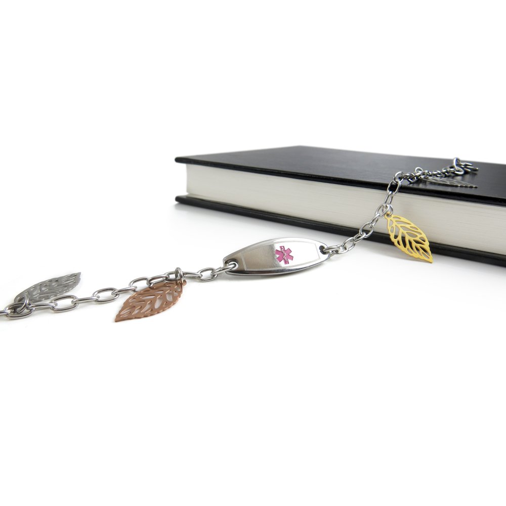 Custom Engraved Women's Narcolepsy Medical Alert Bracelet with Steel Leaves Design - Includes Free Wallet Card for Emergency Situations | Perfect for Daily Wear, Travel & Outdoor Activities