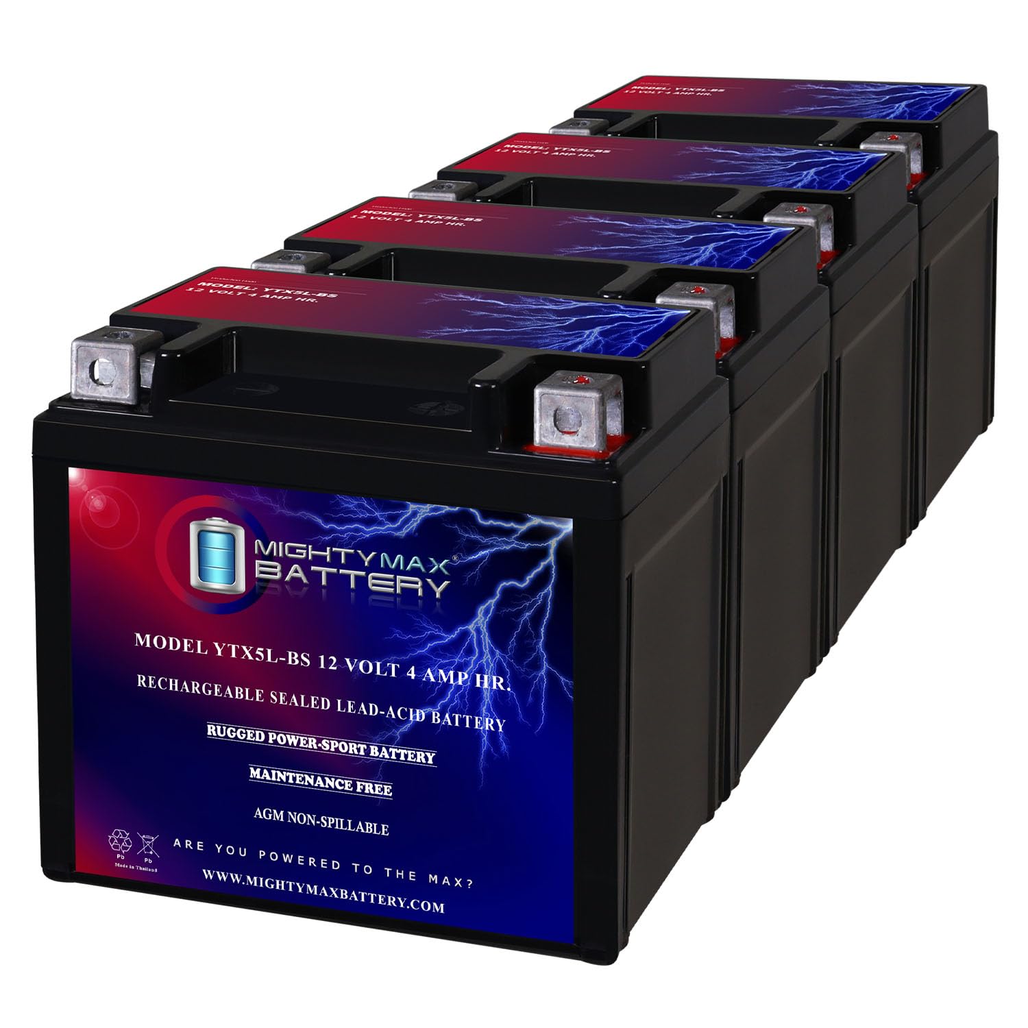 Mighty Max YTX5L-BS 12V 4Ah SLA Replacement Battery for Yamaha 50 XF50W (C3) 2007-2013 Motorcycles - 4 Pack - Perfect for ATVs, Scooters & Power Sports Vehicles