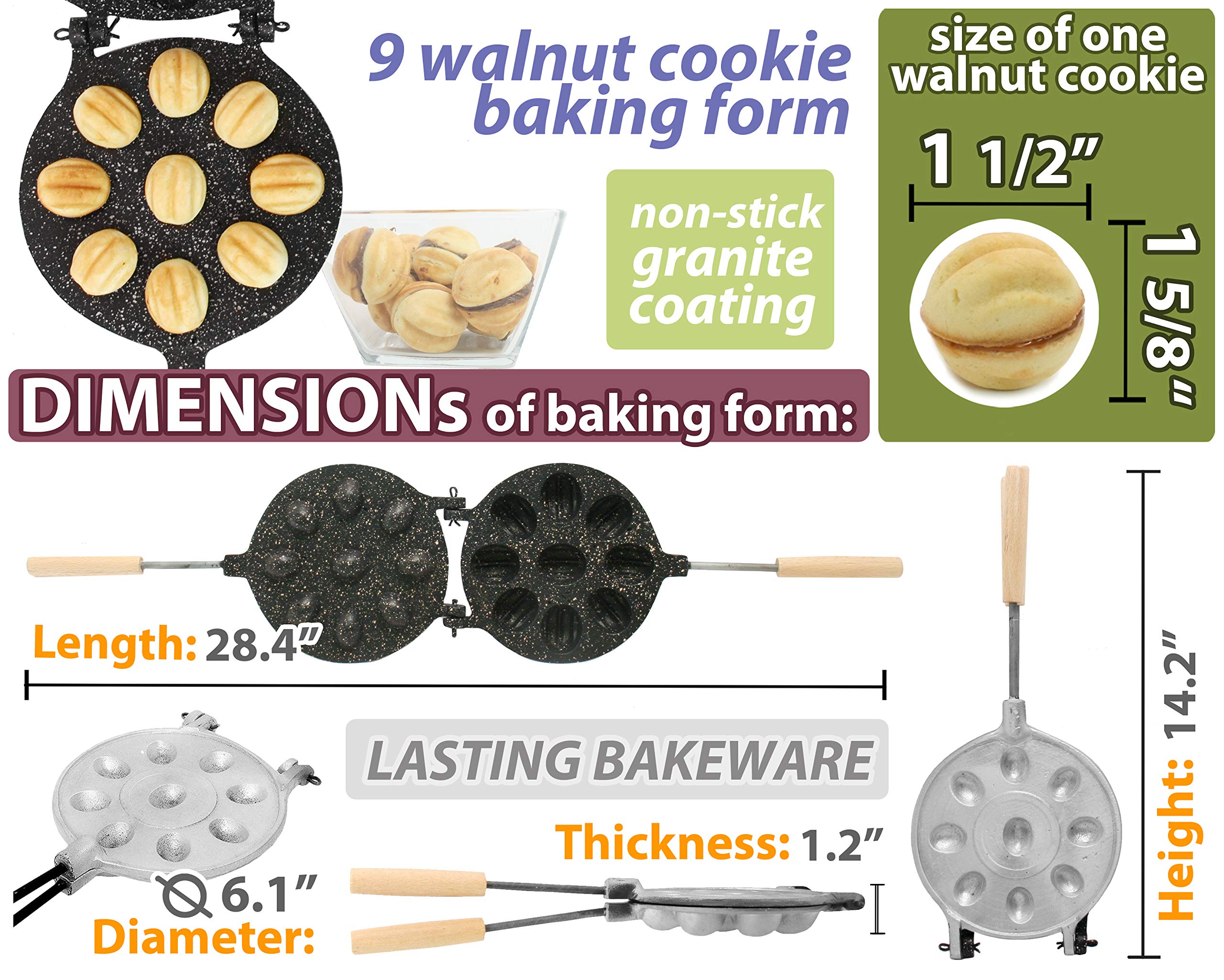 Non-Stick Granite Walnut Cookie Mold Maker - Oreshki Mold for Baking Nut Cookies - Perfect for Russian Tea Cakes, Holiday Treats & Homemade Desserts