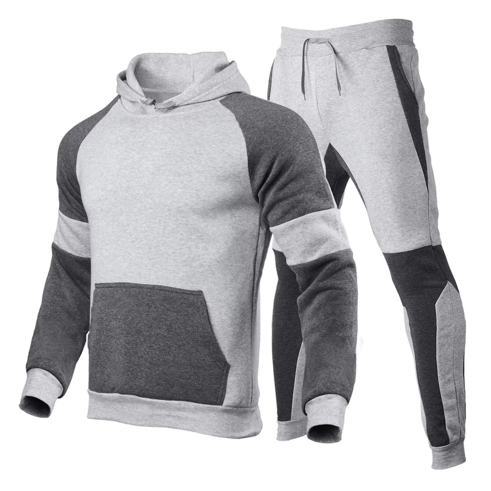 Men's Winter Fleece-Down Hoodie Suit - Fashion Patchwork Jacket & Pants Set for Outdoor Sports and Casual Wear | Warm Cold Weather Outfit for Hiking, Camping & Street Style