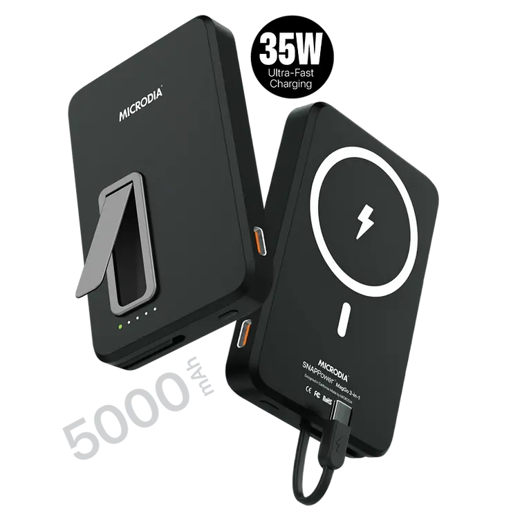 MICRODIA SNAPPower™ MagGo 35W 5000mAh Magnetic Wireless Power Bank - 15W Wireless & 20W USB-C PD Fast Charging with Built-in Cable & Kickstand - Perfect for iPhone, Android, Travel & On-the-Go Charging