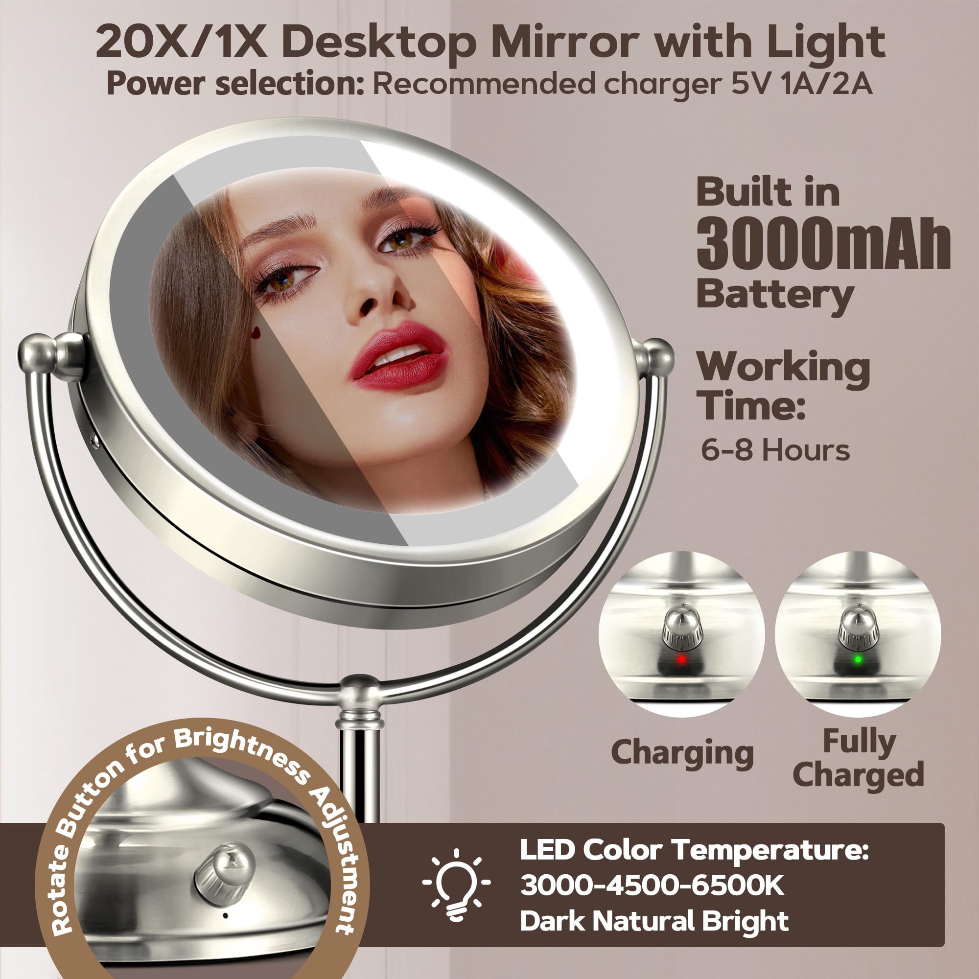MIYADIVA 10.5 Inch LED Makeup Mirror with Lights - 2-Sided Magnifying Mirror (1X/10X), 3 Color Modes & Adjustable Brightness, Perfect for Vanity Desk, Bathroom, Travel, and Professional Makeup Application