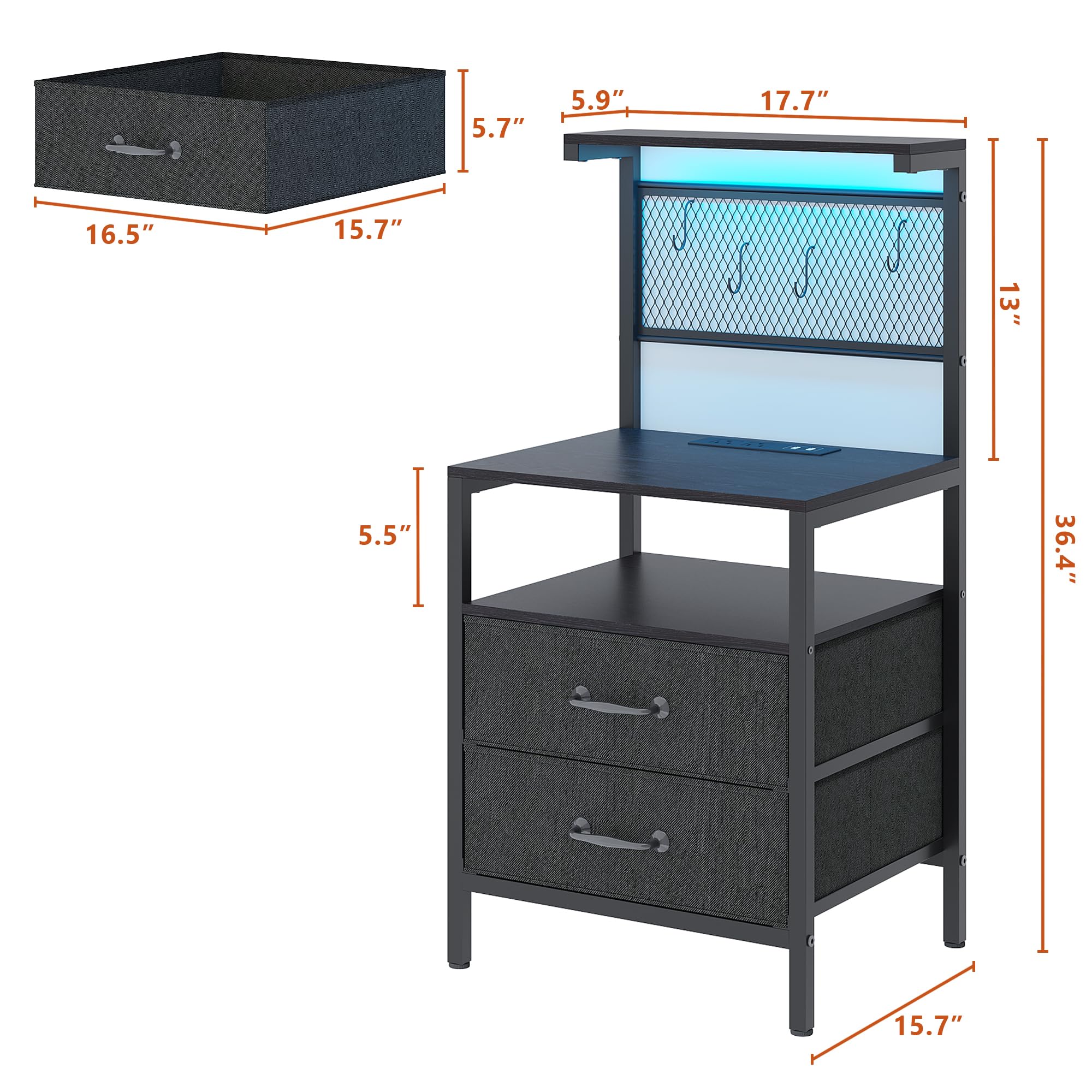 2-Piece Tall Nightstand Set with USB Charging Station & LED Lights - 36.4