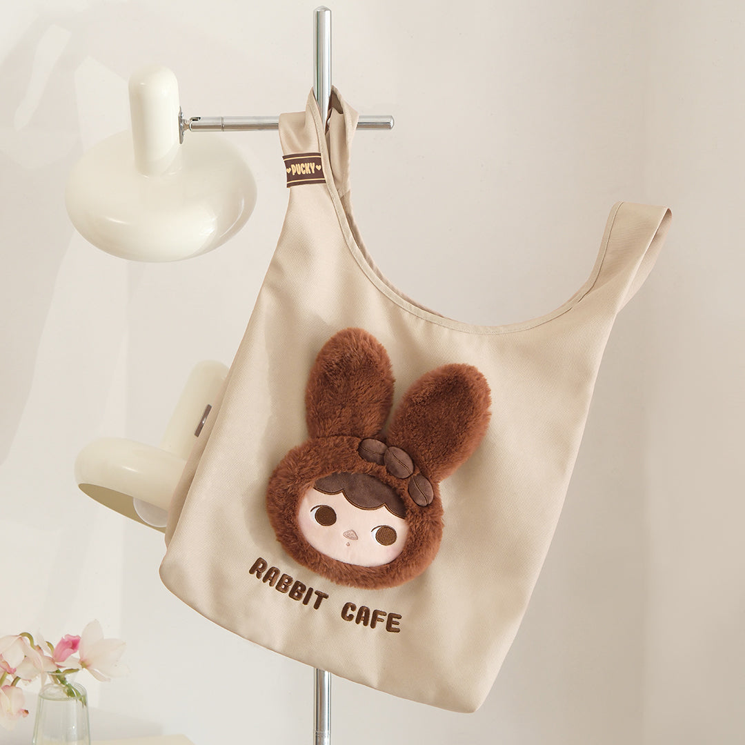 POP MART Pucky Rabbit Cafe Series Tote Bag - Cute Bunny Design Canvas Shoulder Bag for Women, Girls - Perfect for Shopping, Beach, Travel & Daily Use