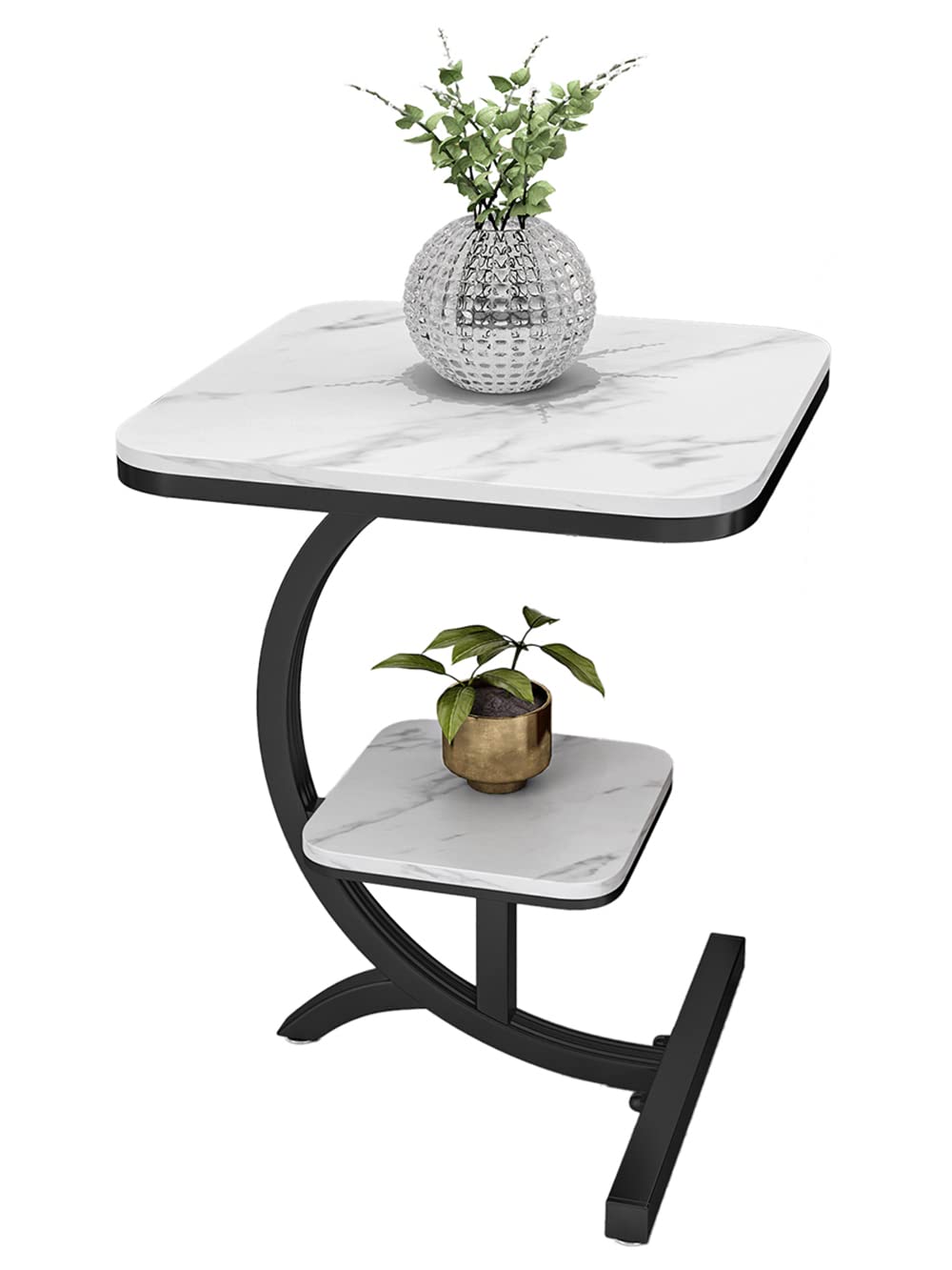 Luxury 2-Tier Marble Side Table - Square Corner End Table for Living Room, Bedroom, Hotel | Modern Sofa Table & Nightstand | White & Black Marble Finish | Perfect for Coffee, Books & Decor
