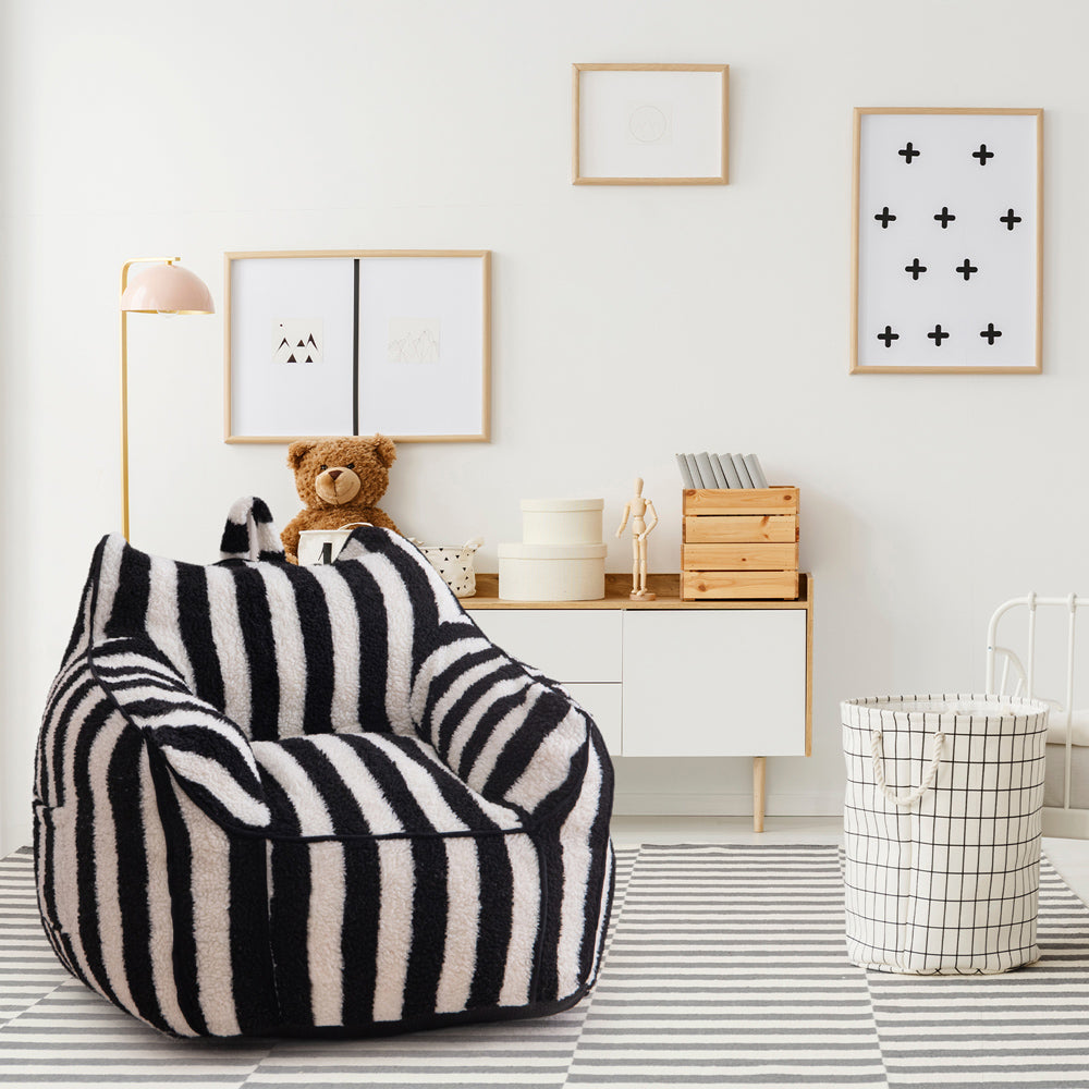 MAXYOYO Kids Bean Bag Chair - Soft Sherpa Bean Bag Couch with Decorative Edges for Boys & Girls | Comfortable Seating for Bedroom, Playroom & Reading Nook (Stripe Black)