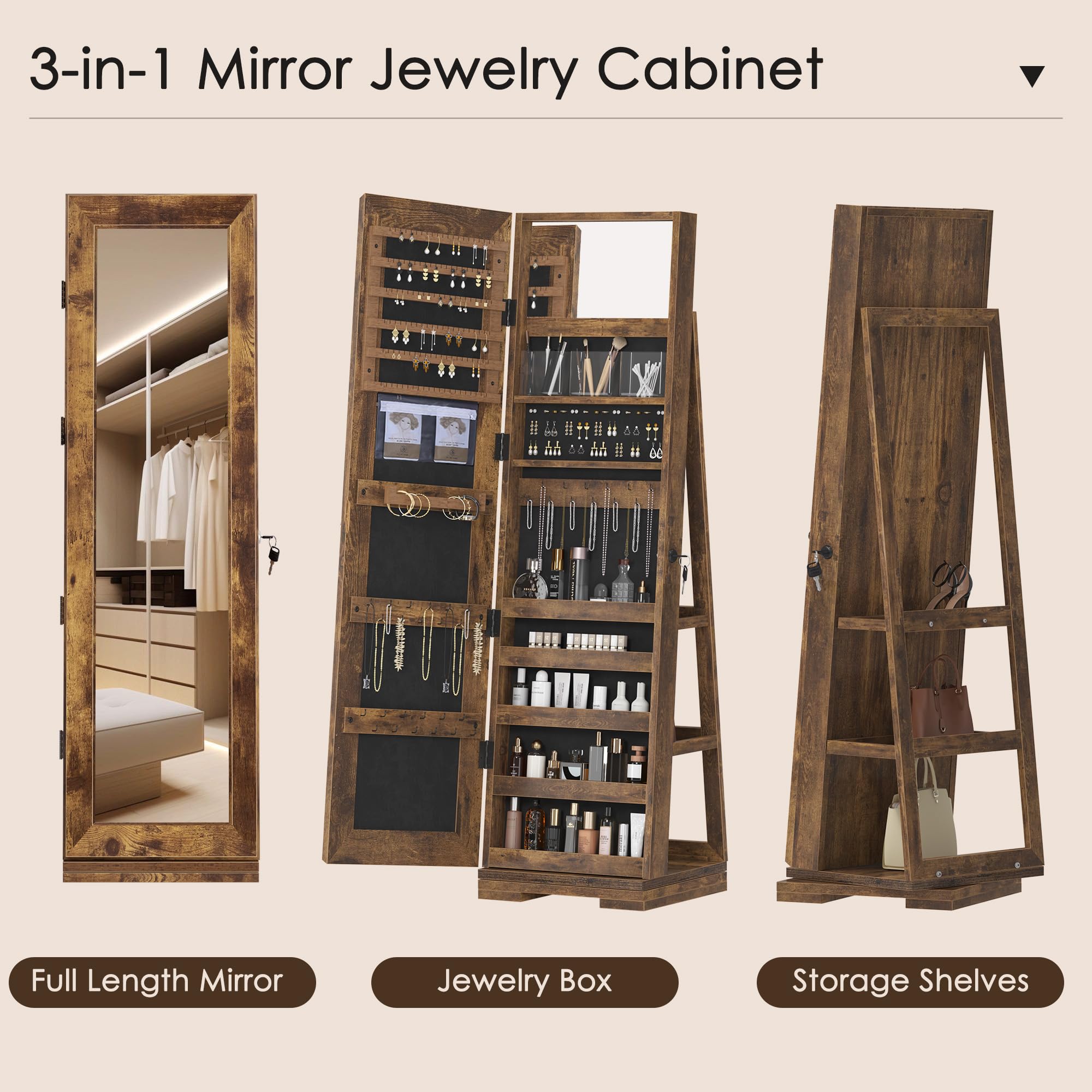 Soges 360° Swivel Jewelry Mirror Cabinet with Back Storage Shelves - Full Length Standing Rotating Mirror with Jewelry Organizer & Lockable Doors - Rustic Brown Armoire for Bedroom, Dressing Room & Closet Organization