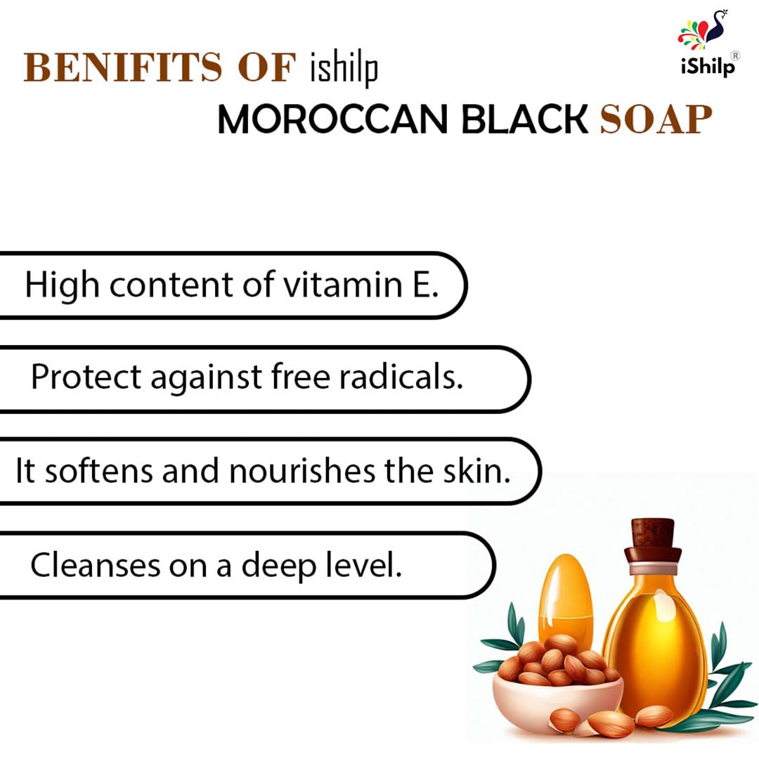 iShilp Moroccan Black Soap Pack of 2 - Natural Skin Care Soap with Vitamin E for Men & Women | Exfoliating & Moisturizing Body Wash for Spa, Shower & Daily Cleansing