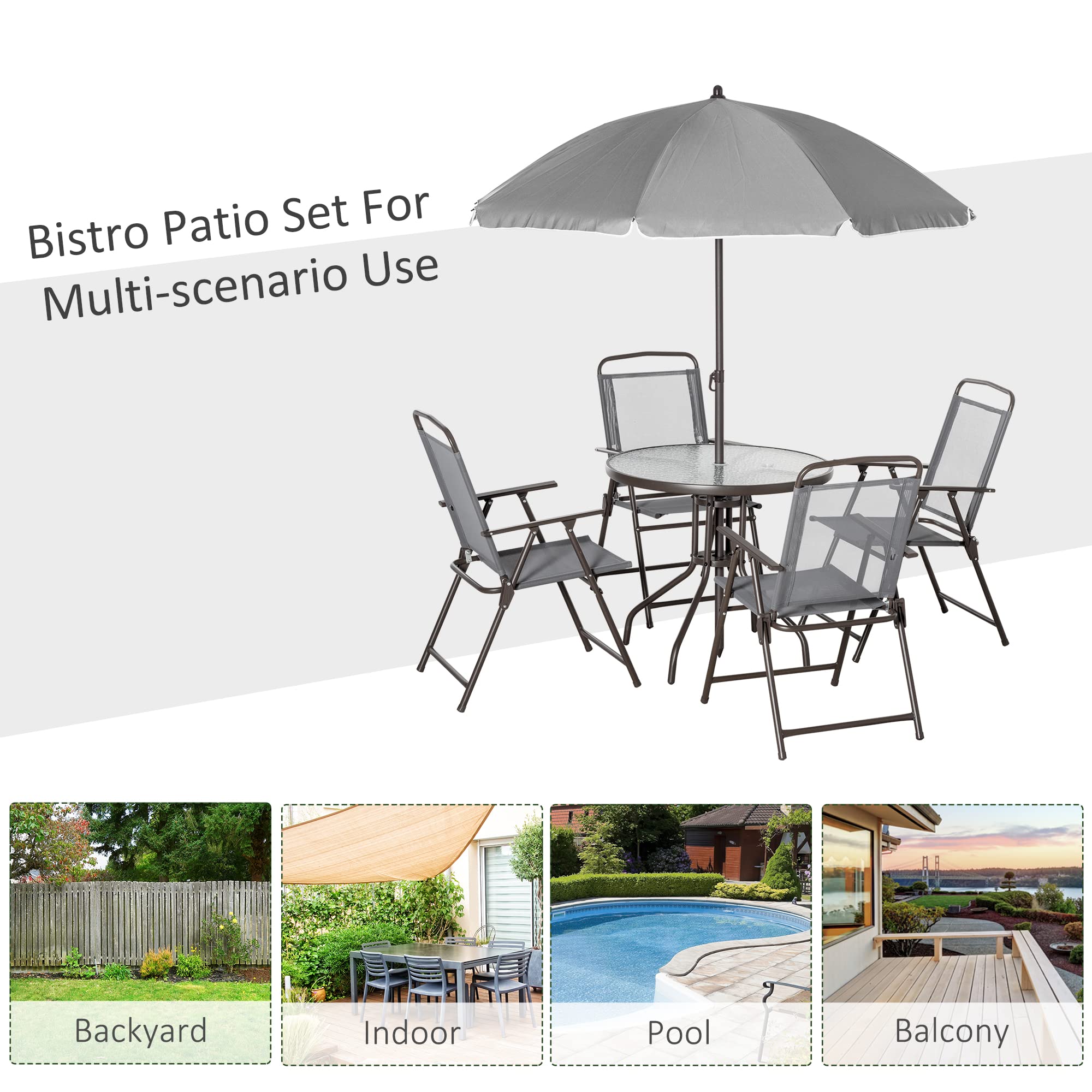 Outsunny 6-Piece Gray Patio Dining Set for 4 with Umbrella - Outdoor Round Glass Table & 4 Folding Chairs for Garden, Backyard, Poolside & BBQ Parties | Weather-Resistant & Space-Saving Design
