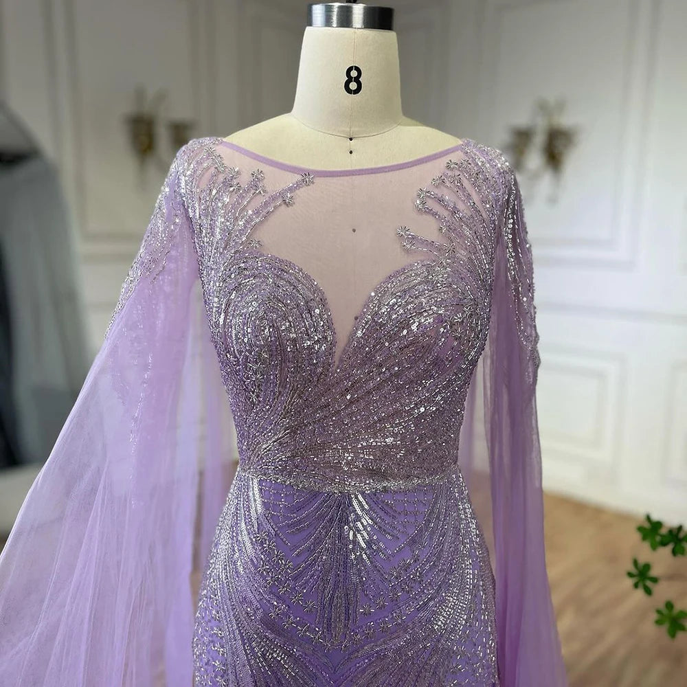 Elegant Dubai Arabic Lilac Beaded Mermaid Evening Gown with Cape Sleeves for Women - Luxury Party Dress for Weddings, Galas & Special Occasions | Serene Hill Collection LA72532
