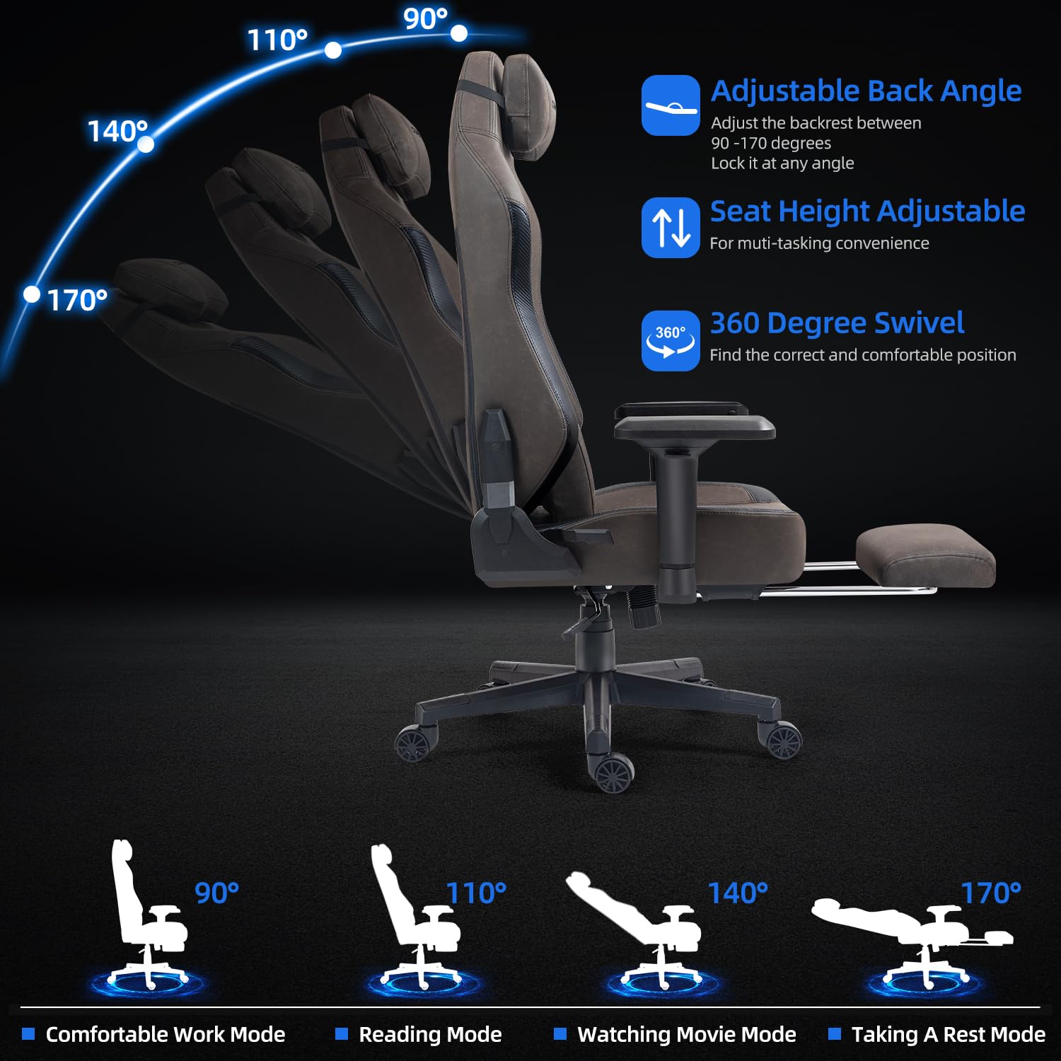 Premium High Back Leather Gaming Chair for Adults - Heavy Duty Ergonomic Office & Video Game Chair with Footrest - 400lbs Weight Capacity (Brown) - Perfect for Esports, Streaming & Home Office Workspaces