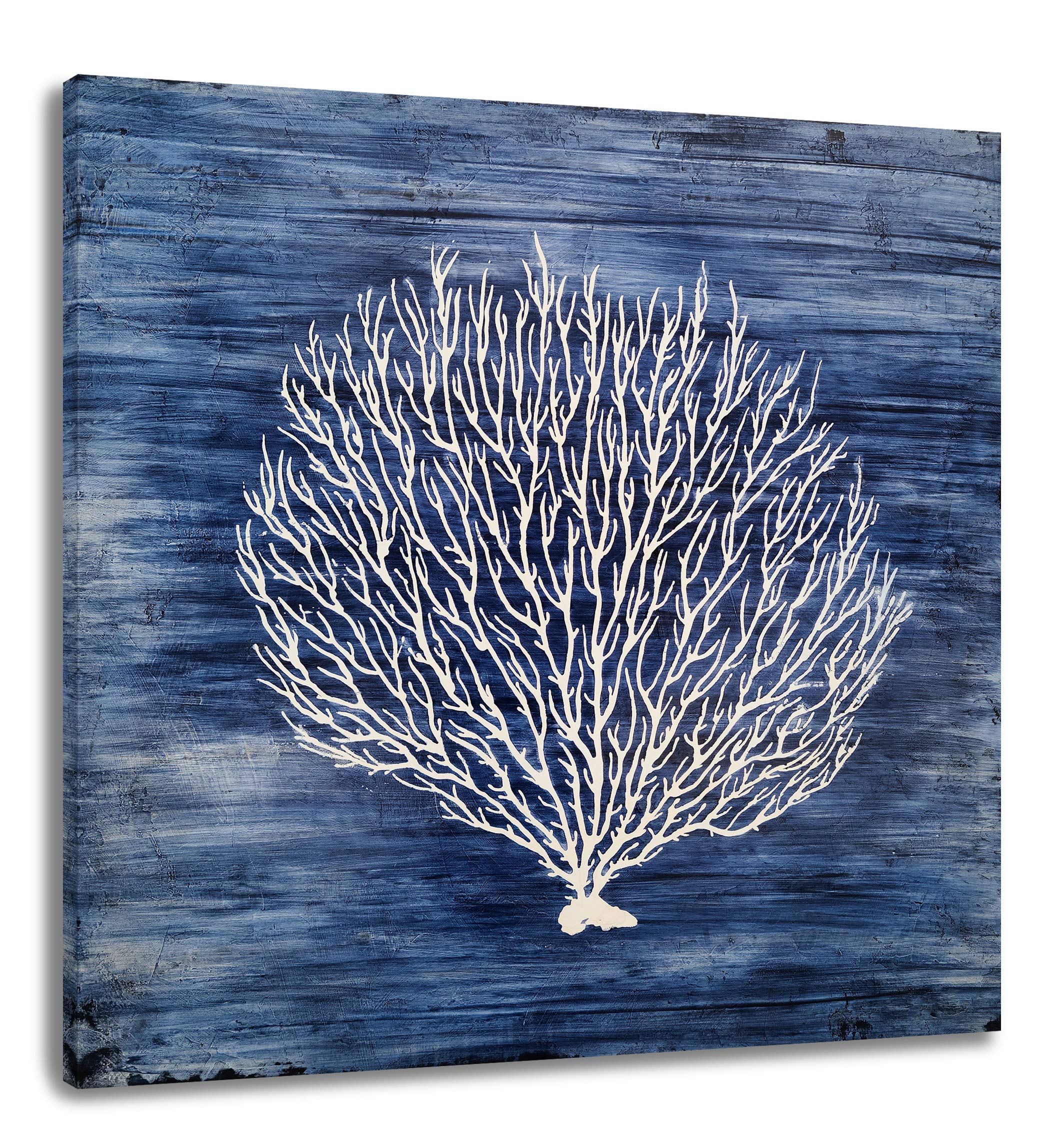 Hand Painted Navy Blue Canvas Wall Art - White Coral Abstract Tree Painting | Coastal Modern Artwork for Bedroom, Living Room & Bathroom Decor | Perfect for Beach House, Office & Spa Interior Design