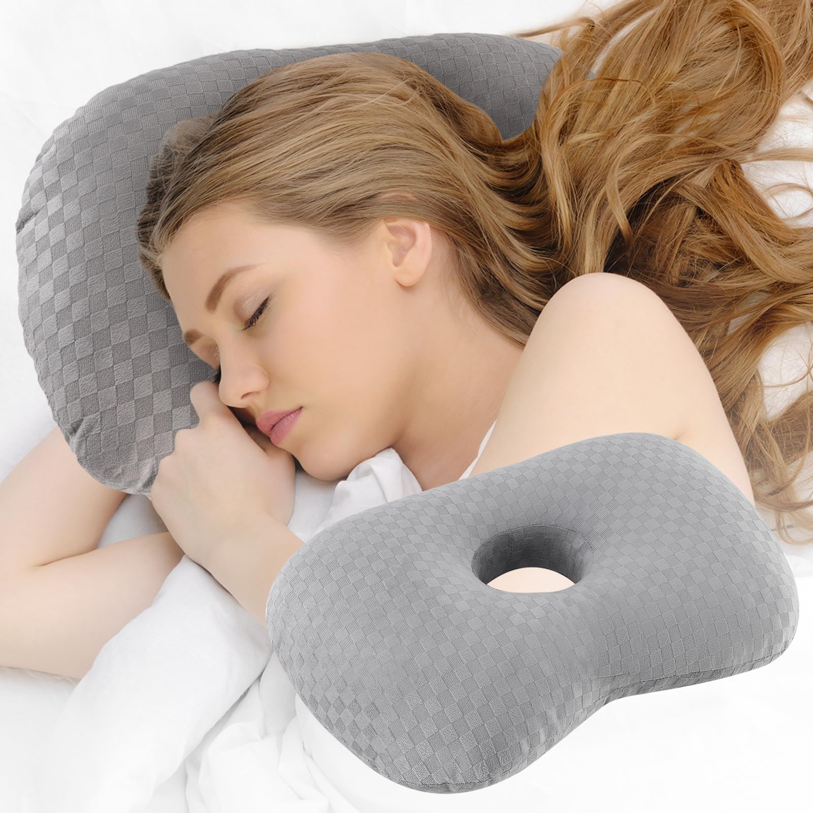 **Ear Piercing Pillow with Hole - Soft Cotton & Polyester Side Sleeping Pillow for CNH, Ear Pain & Inflammation Relief - Pressure Sore Prevention for Side Sleepers - Light Grey (Perfect for Post-Piercing Care & Comfortable Sleep)**