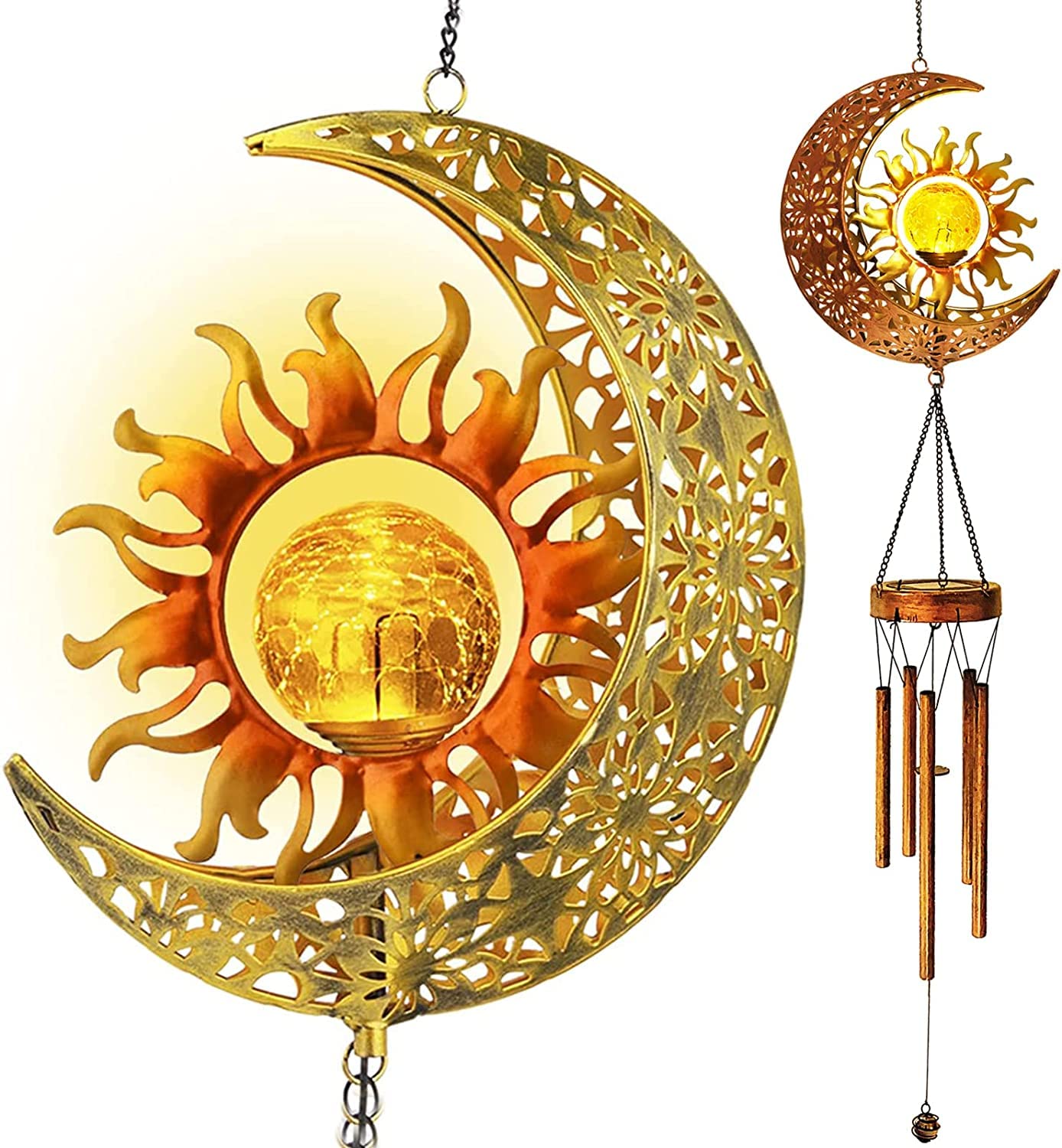 Solar Powered Wind Chimes with LED Lights - Waterproof Outdoor Hanging Decor for Garden, Patio, Yard - Cracked Glass Ball Moon & Sun Design - Perfect Gift for Women, Birthday, Housewarming - Creates Relaxing Ambience for Evening Gatherings & Meditation Spaces