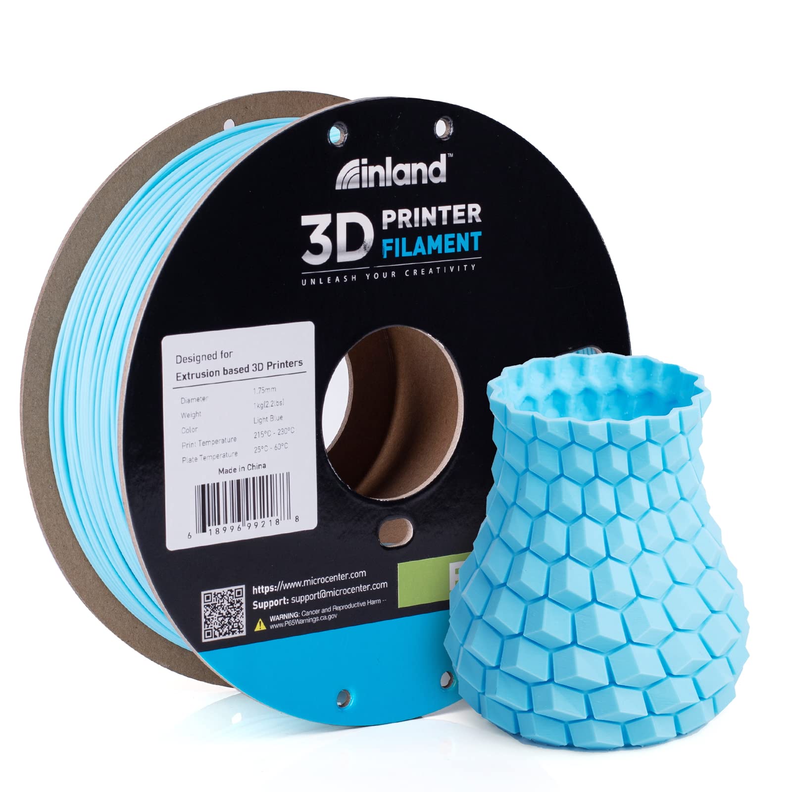 Premium INLAND PLA 3D Printer Filament 1.75mm - High Precision +/- 0.03mm, 1kg Cardboard Spool (2.2lbs), Light Blue PLA for Smooth 3D Printing - Perfect for DIY Projects, Prototyping, Home Decor & Educational Models