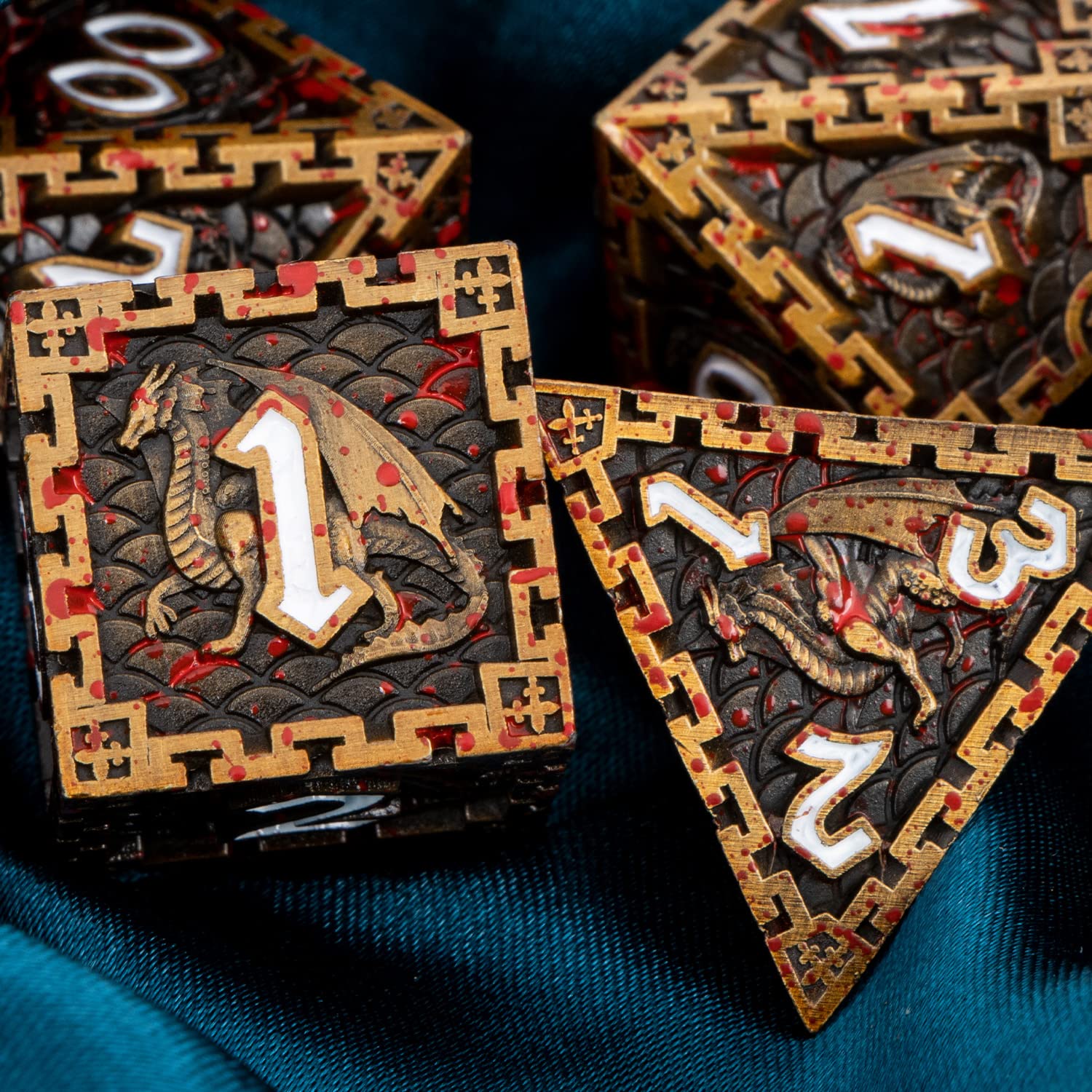 ARUOHHA 7PCS DND Metal Dice Set - Antique Gold Blood Polyhedral Dice for Dungeons & Dragons RPG, D&D Dice Set with D20 D12 D10 D8 D6 D4 - Perfect for Tabletop Gaming, Role Playing Games & Collectors - Comes with Elegant Gift Box