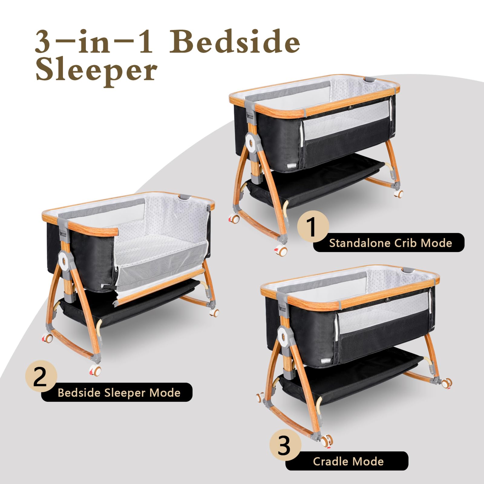 Komcot 6-Height Adjustable Baby Bassinet Bedside Sleeper with Wheels & Mosquito Net - Portable 3-in-1 Crib for Newborns, Infants & Toddlers (Dark Grey) - Perfect for Nursery, Bedroom & Travel Use