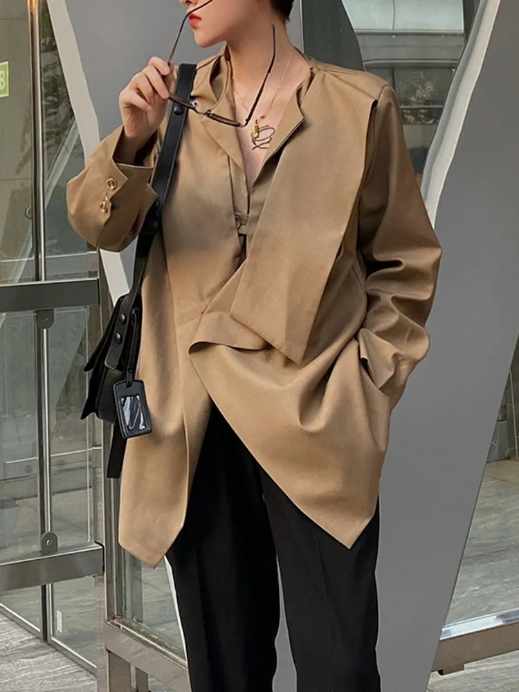 Stylish Asymmetrical Korean Blazers for Women - Round Neck Long Sleeve Casual Loose Fit Solid Color Jacket | Office Wear, Date Night Outfits & Spring Fashion