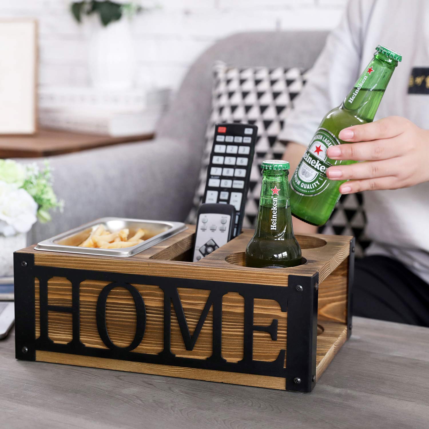 Rustic Burnt Wooden Snack Tray Caddy - Drink Holder & Coffee Table Organizer with Black Metal Lettering - Perfect for TV Snacks, Remote Control Storage, and Living Room Decor