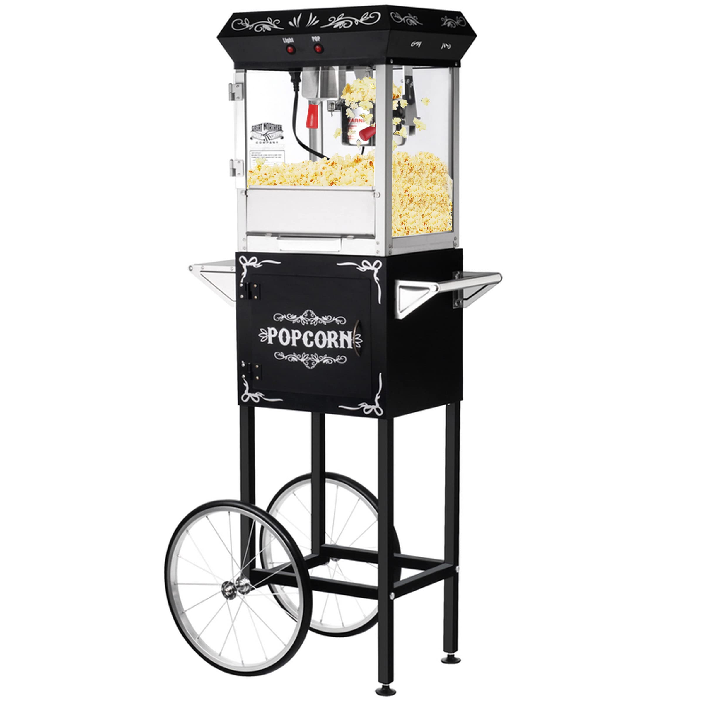Great Northern Popcorn Machine with Cart - 6oz Commercial Popcorn Popper with Stainless Steel Kettle, Heated Warming Tray & Old Maids Drawer for Movie Nights, Parties & Concessions (Black)