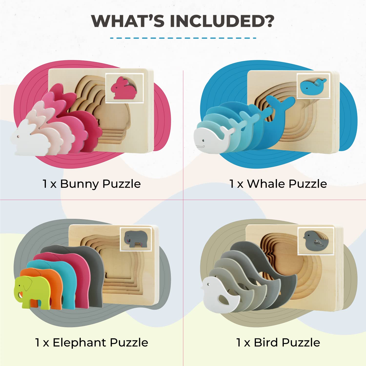 TEKOR 4-Piece Wooden Animal Puzzle Set - Multi-Layered Educational Toy for Kids Ages 3+ | Safe Non-Toxic Paint | Develops Hand-Eye Coordination & Cognitive Skills | Perfect for Preschool Learning, Birthday Gifts & Montessori Activities