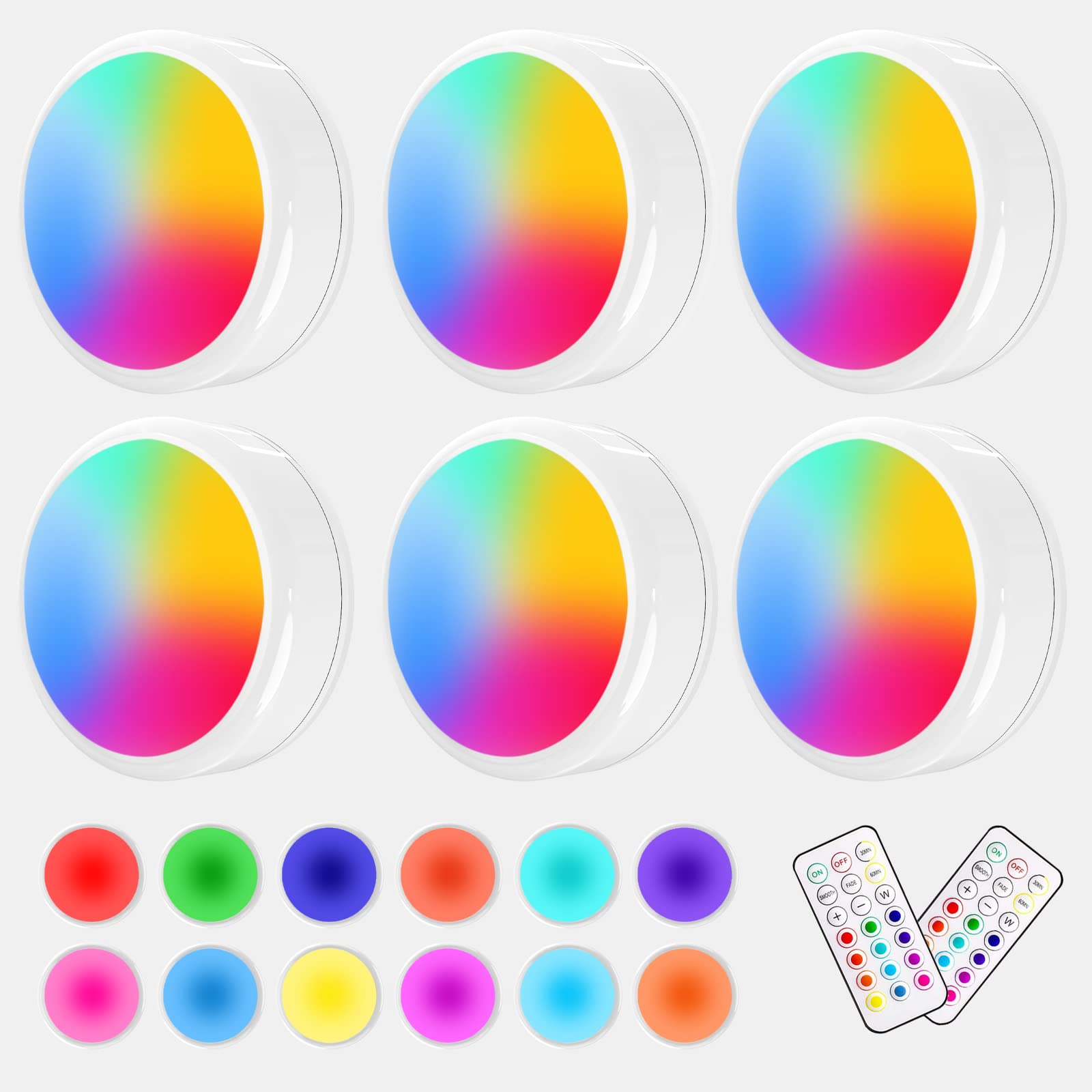 6 Pack ILYXY Puck Lights with Remote - Dimmable LED Under Cabinet Lighting, Battery Operated Push Lights for Kitchen Counter, Multicolor Changing Stick-On Tap Lights (Shiny White) - Perfect for Kitchen, Closet, Bookshelf & Display Cabinet Lighting