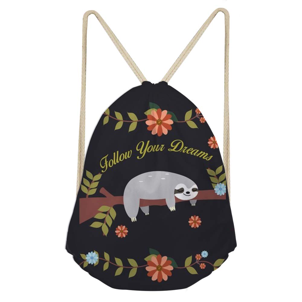Showudesigns Kids Drawstring Backpack - Lightweight Sports Gym Sack for Women & Teen Girls - Cute Sloth Design with 'Follow Your Dreams' Print - Perfect for School, Gym, Travel & Party Favors