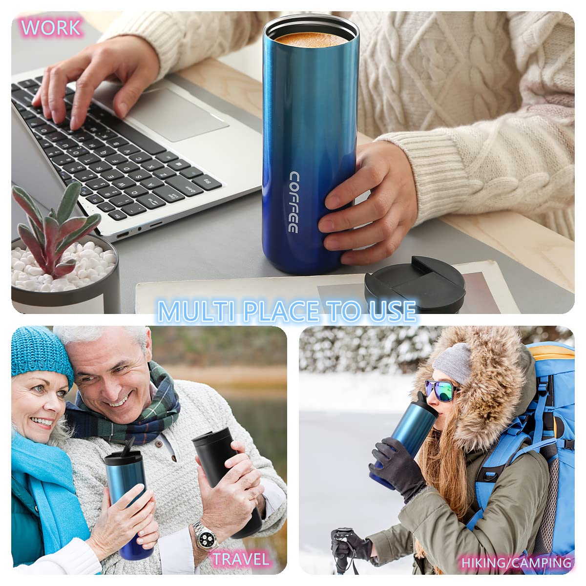 Premium Stainless Steel Insulated Coffee Mug - 18.5oz (550ml) Double Wall Vacuum Travel Tumbler with Leakproof Screw Lid - Keeps Hot/Cold for Hours - Perfect for Commuting, Camping & Office Use (Blue)