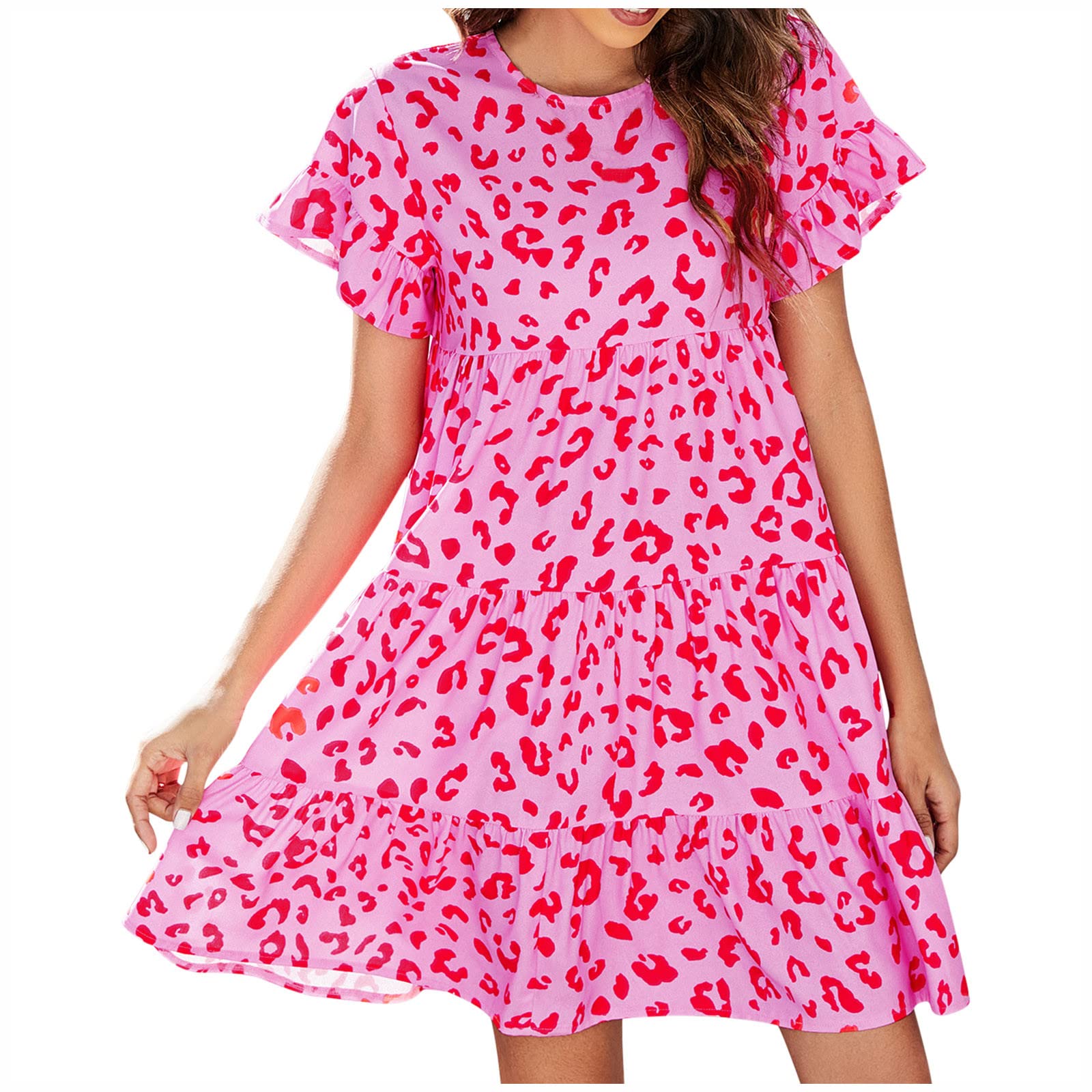 Jsarle Women's Summer Leopard Print Round Neck Sun Dress - Plus Size Casual Cocktail Mini Dress for Wedding Guest, Beach Party & Date Night Outfits