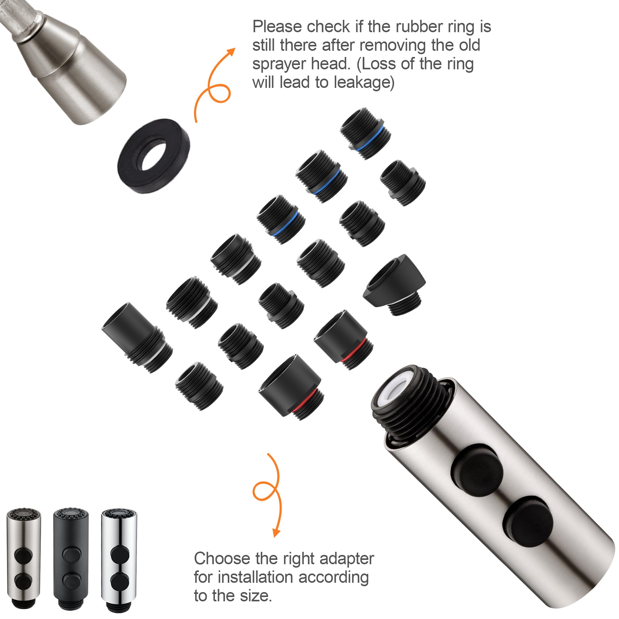 Stainless Steel Pull Down Kitchen Faucet Spray Head Replacement with 15 Adapters - 2 Function Brushed Nickel Sink Nozzle for Easy Dishwashing & Food Prep