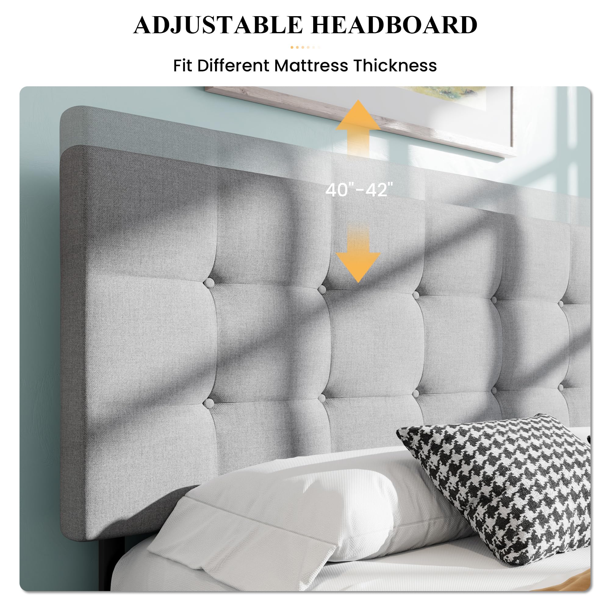 SHA CERLIN Upholstered King Size Platform Bed Frame with 4 Storage Drawers - Adjustable Headboard, Square Stitched Button Tufted Design & Wooden Slat Support - No Box Spring Needed - Light Grey - Perfect for Master Bedroom, Guest Room & Small Space Storage Solutions